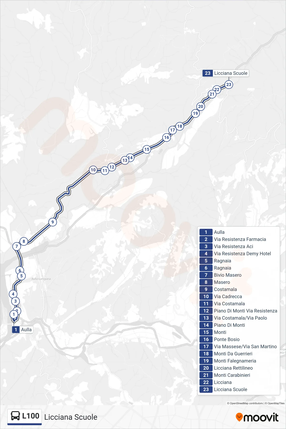 Linea L100  bus (Licciana Scuole) - Percorsi e fermate sulla mappa