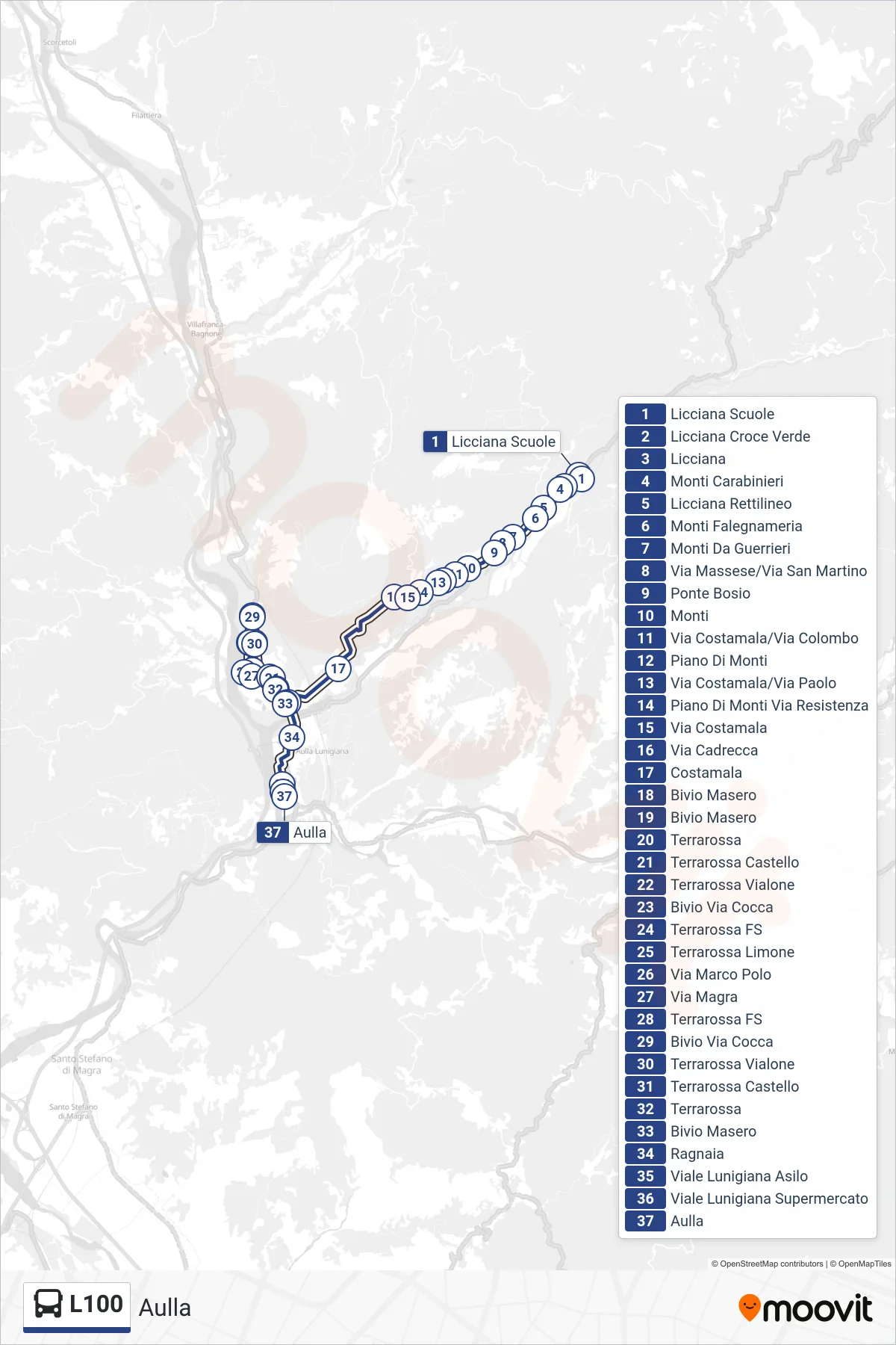 Linea L100  bus (Aulla) - Percorsi e fermate sulla mappa