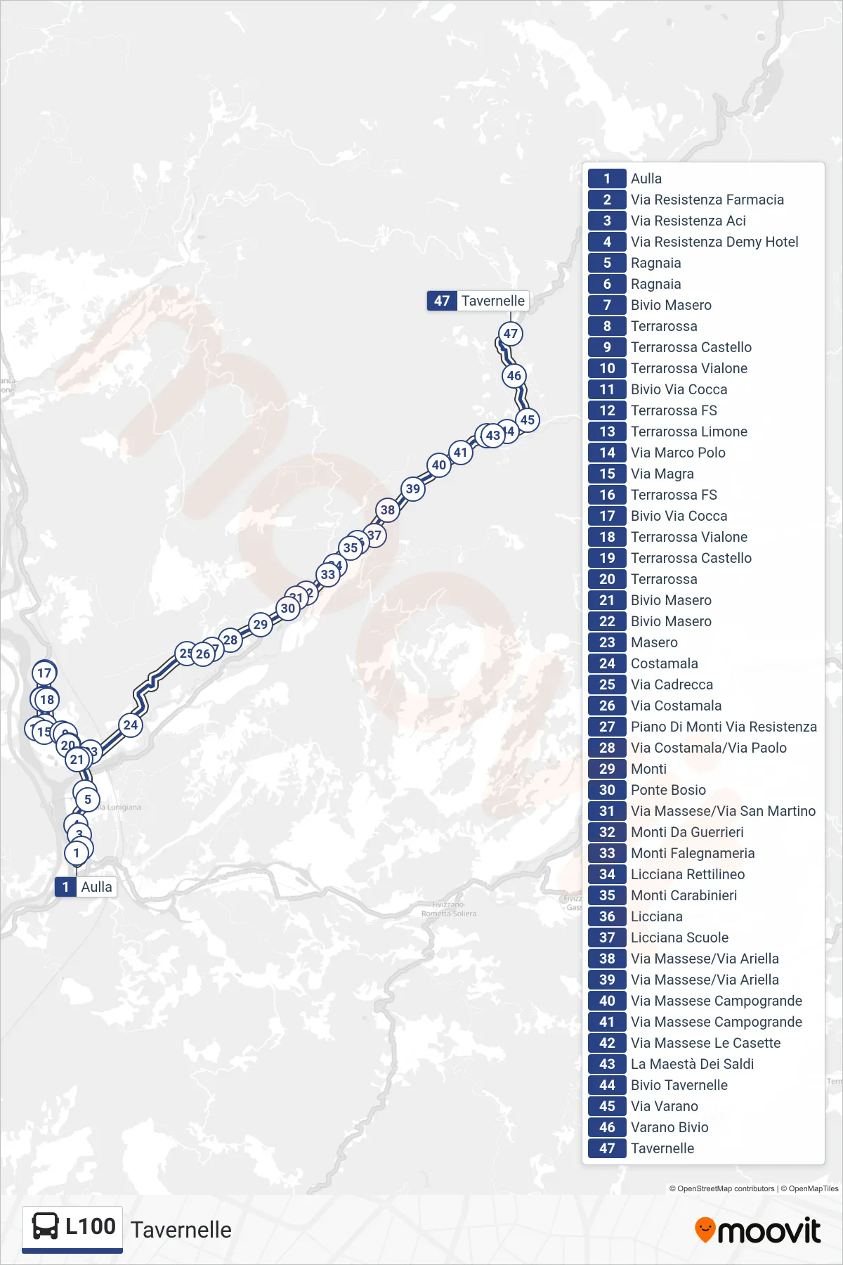 Linea L100  bus (Tavernelle) - Percorsi e fermate sulla mappa