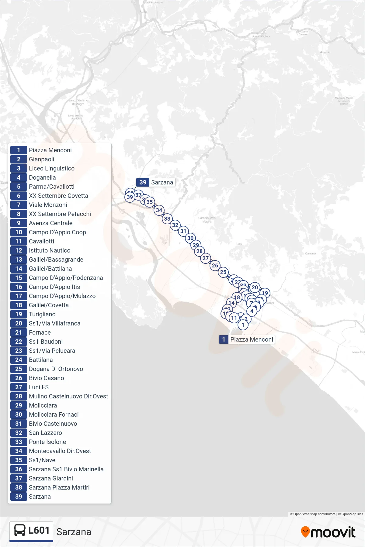 Linea L601  bus (Sarzana) - Percorsi e fermate sulla mappa