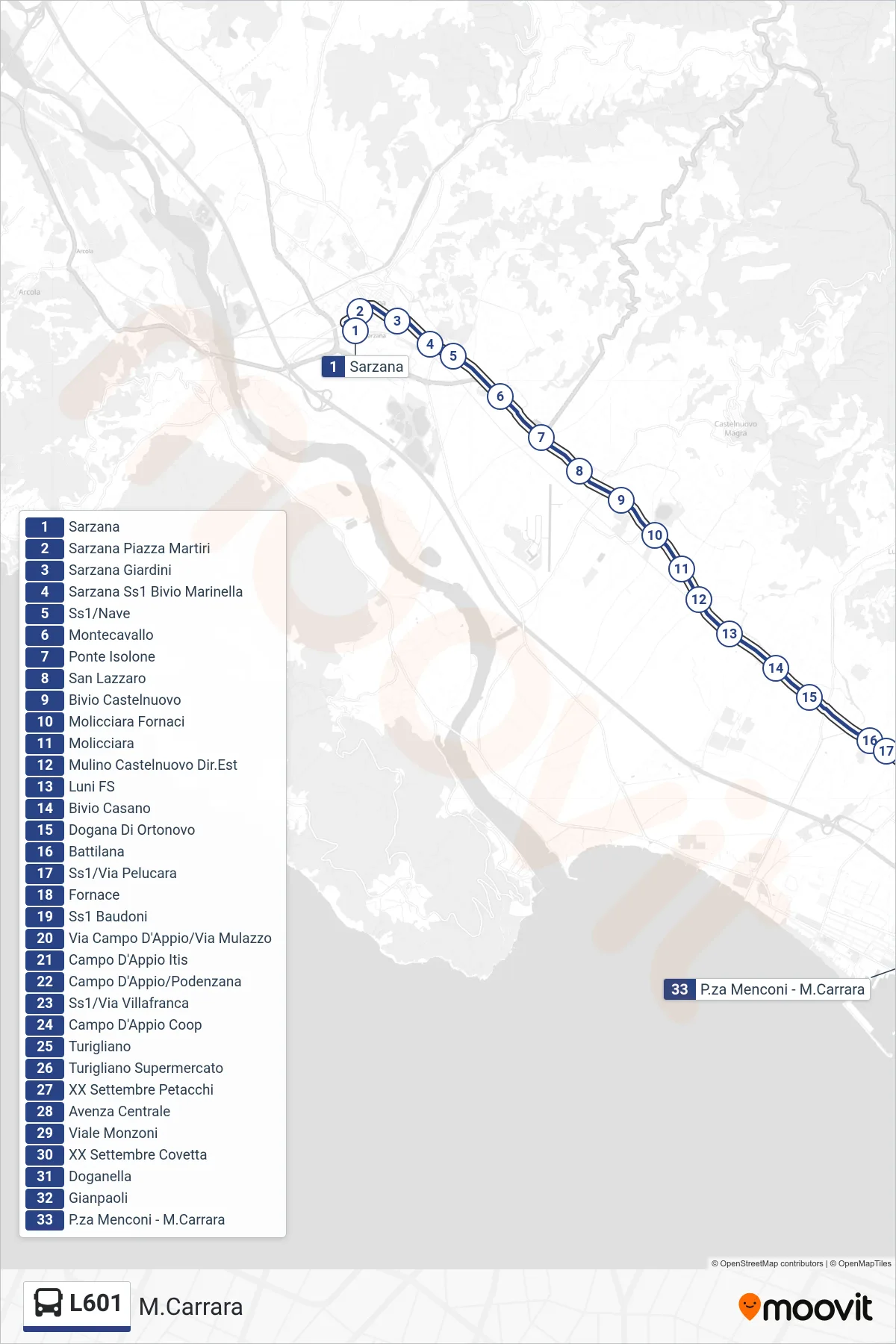 Linea L601  bus (M.Carrara) - Percorsi e fermate sulla mappa