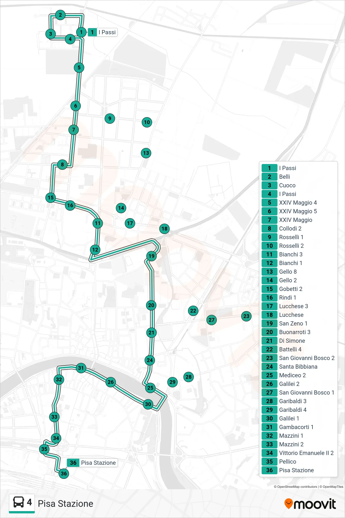 Linea 4 bus (Pisa Stazione) - Percorsi e fermate sulla mappa