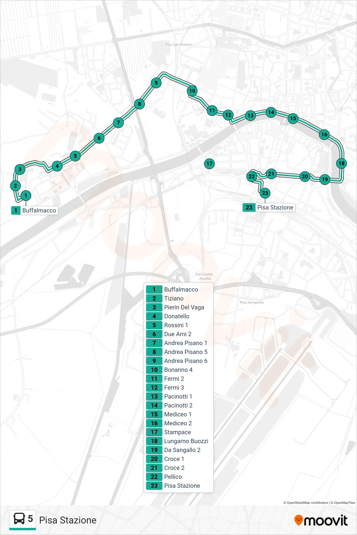 Linea 5  bus (Pisa Stazione) - Percorsi e fermate sulla mappa