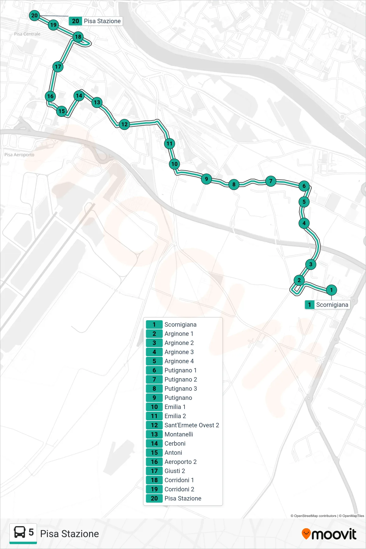 Linea 5 bus (Pisa Stazione) - Percorsi e fermate sulla mappa
