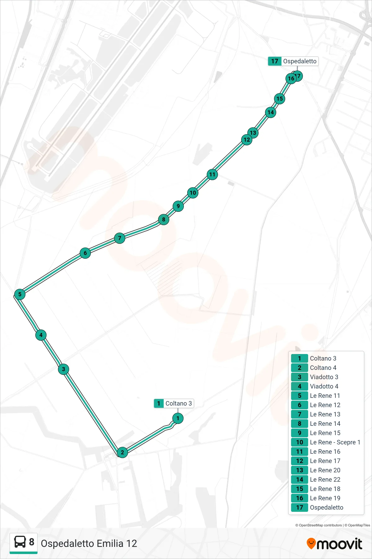 Linea 8 bus (Ospedaletto Emilia 12) - Percorsi e fermate sulla mappa