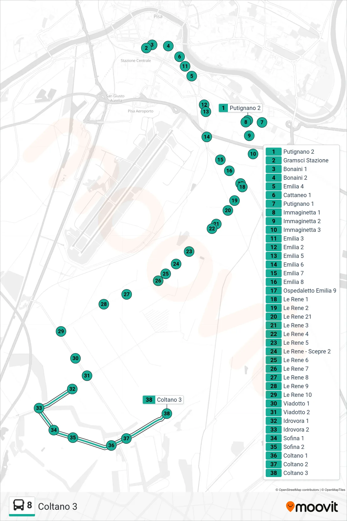 Linea 8  bus (Coltano 3) - Percorsi e fermate sulla mappa