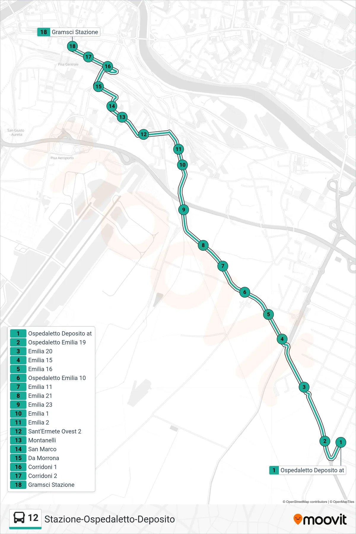 Linea 12 bus (Gramsci Stazione) - Percorsi e fermate sulla mappa