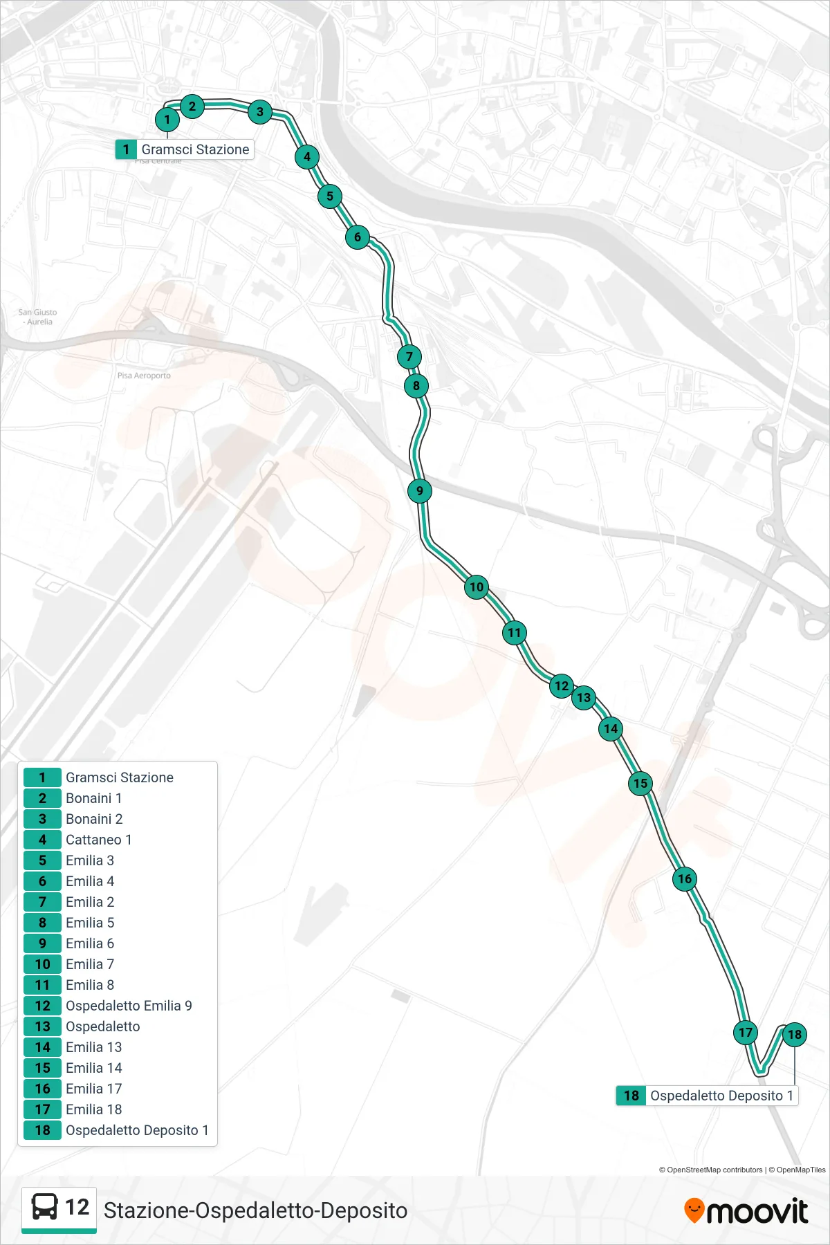 Linea 12  bus (Ospedaletto Deposito at) - Percorsi e fermate sulla mappa
