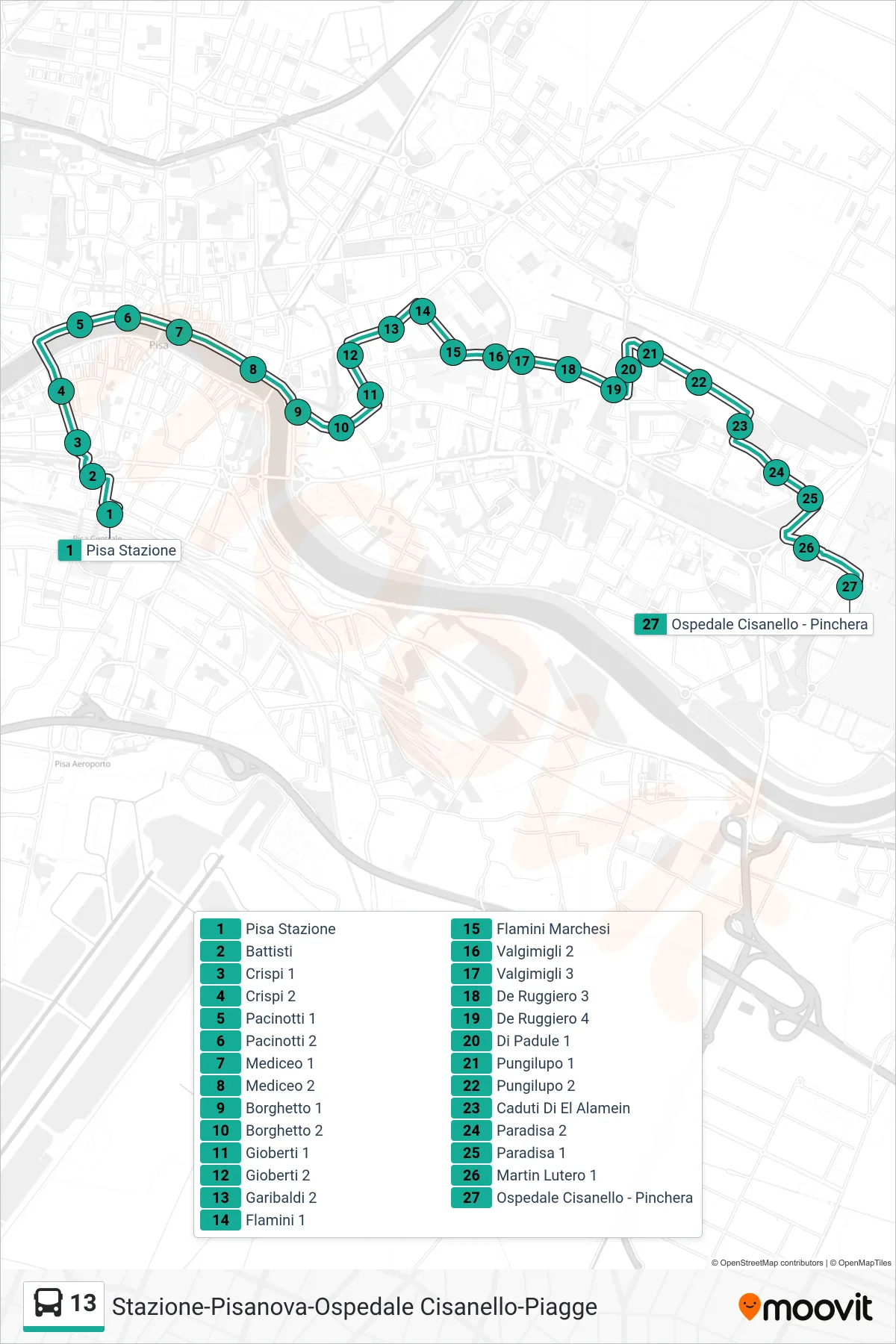 Linea 13 bus (Pinchera) - Percorsi e fermate sulla mappa