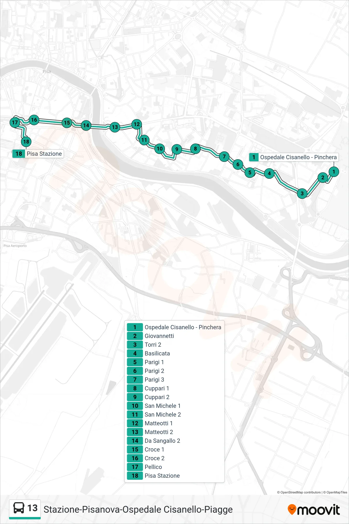 Linea 13 bus (Pisa Stazione) - Percorsi e fermate sulla mappa