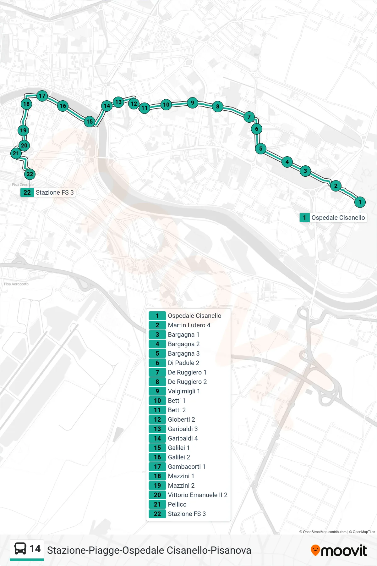 Linea 14 bus (Pisa Stazione) - Percorsi e fermate sulla mappa