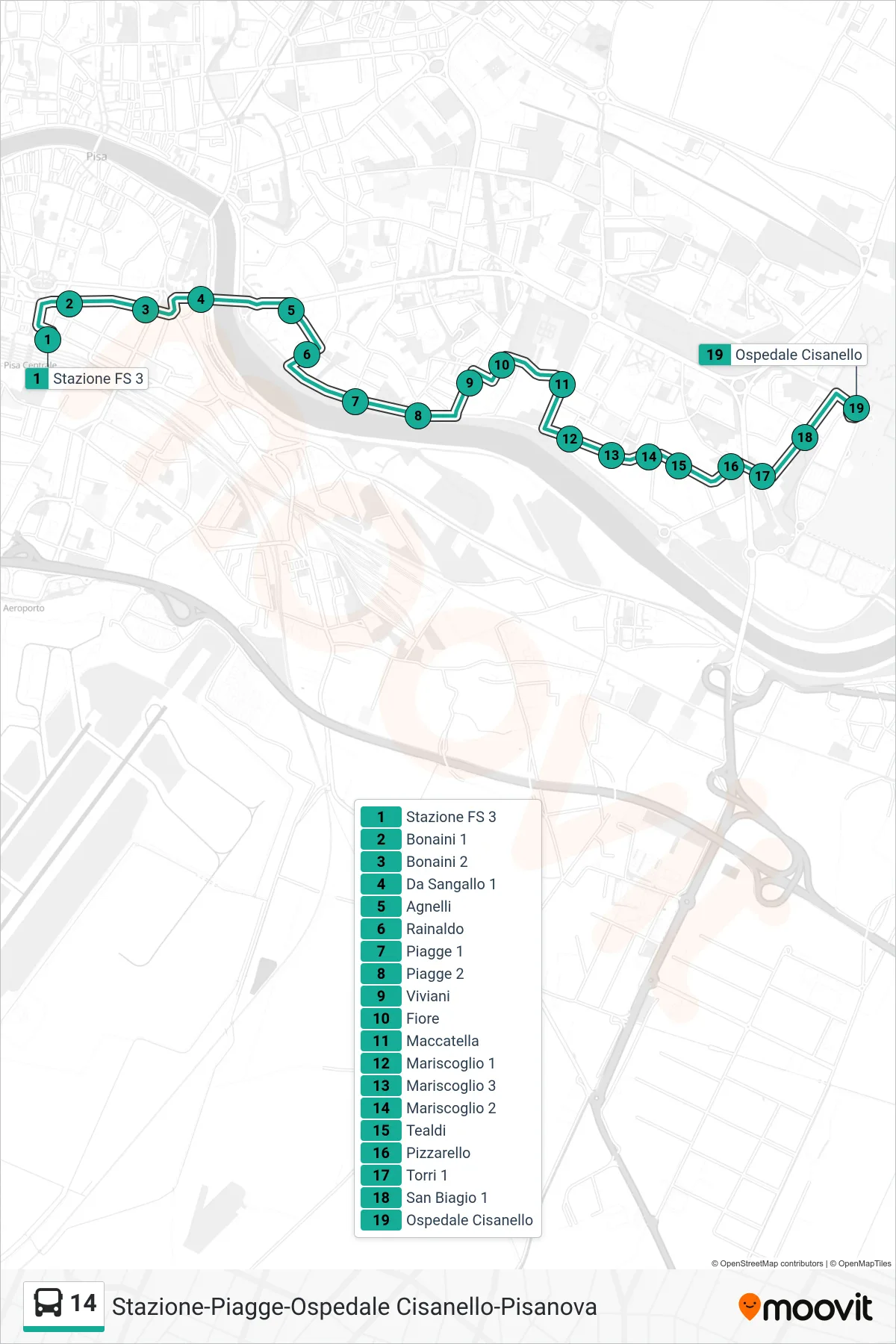 Linea 14 bus (Ospedale Cisanello) - Percorsi e fermate sulla mappa