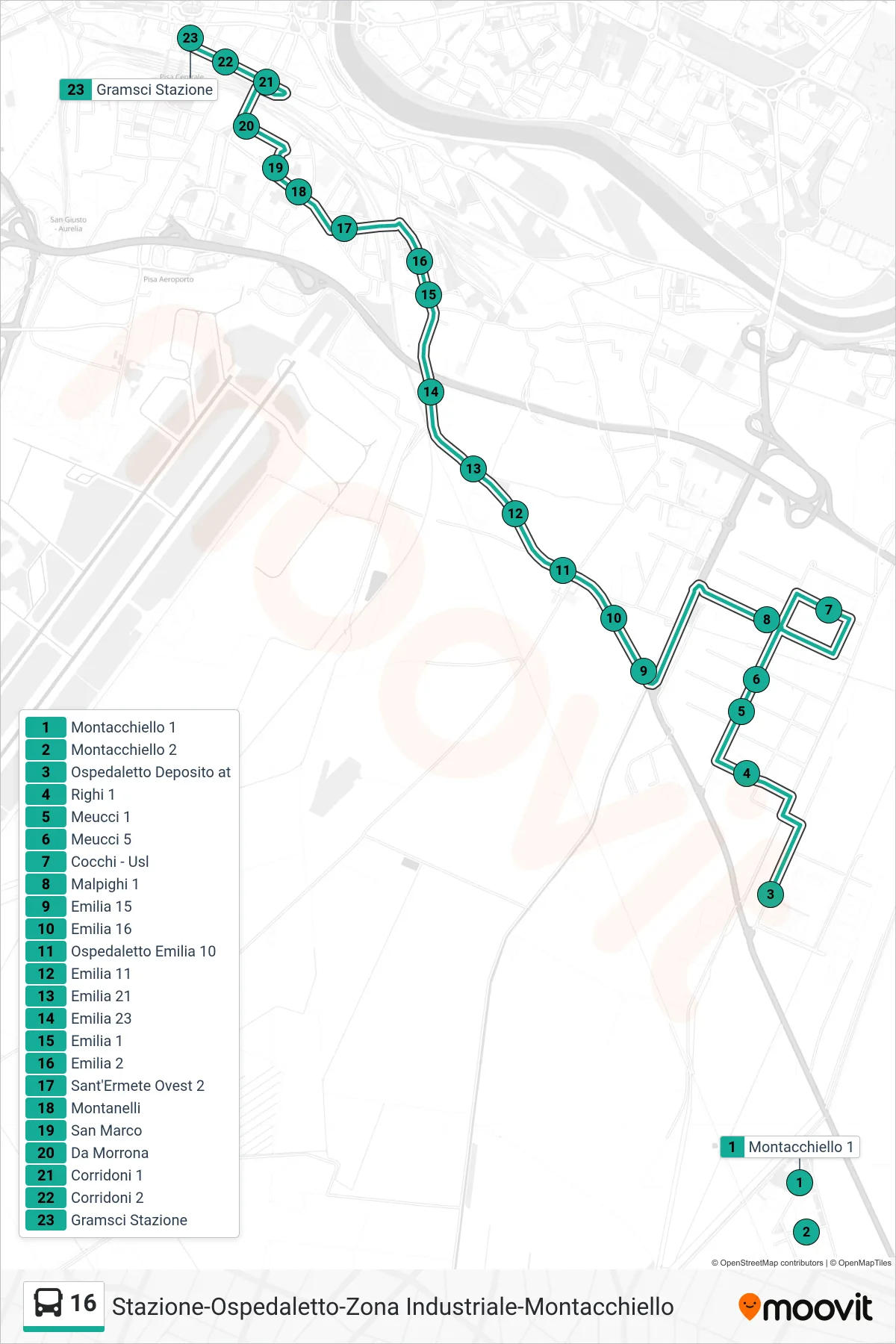 Linea 16 bus (Gramsci Stazione) - Percorsi e fermate sulla mappa