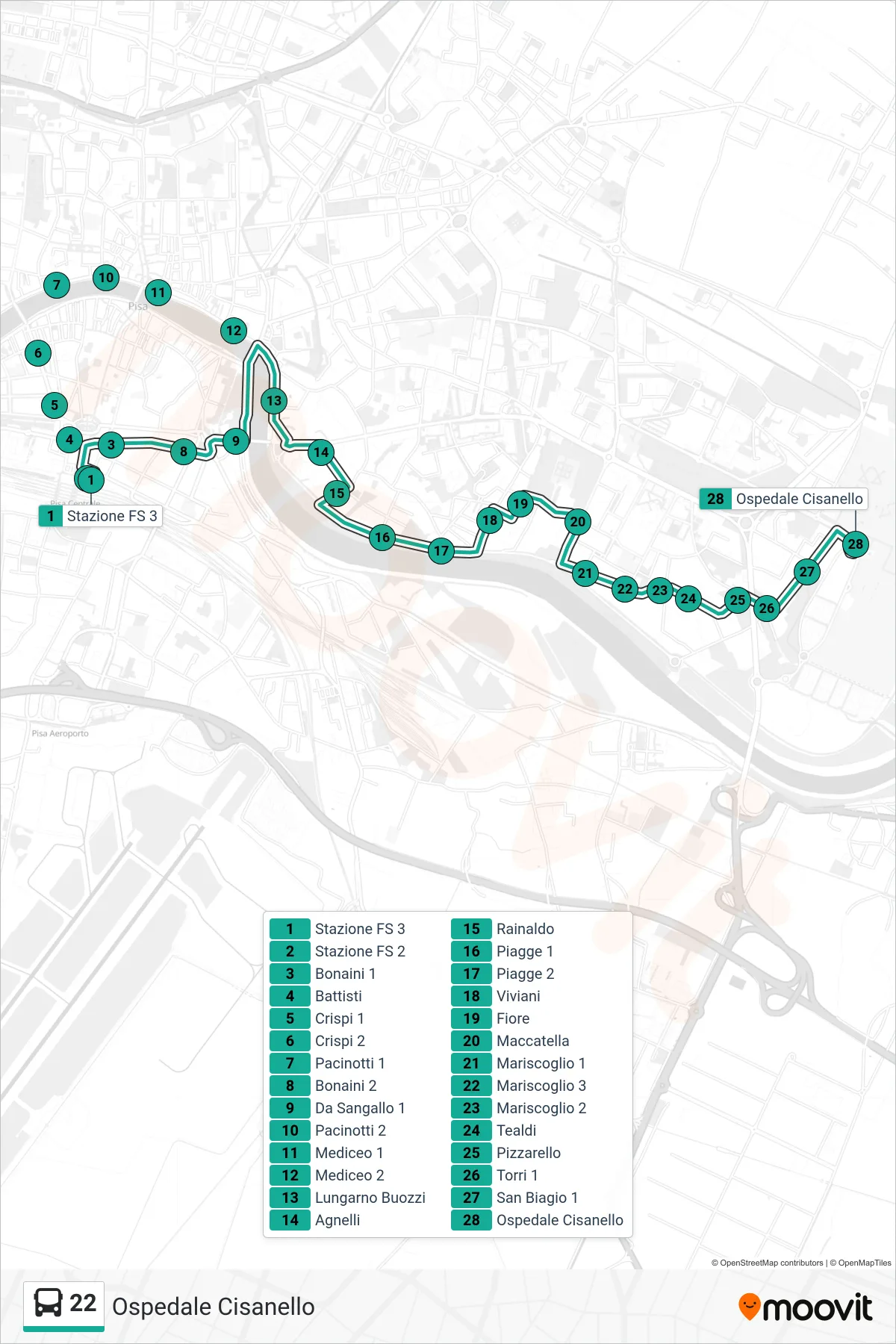 Linea 22 bus (Ospedale Cisanello) - Percorsi e fermate sulla mappa
