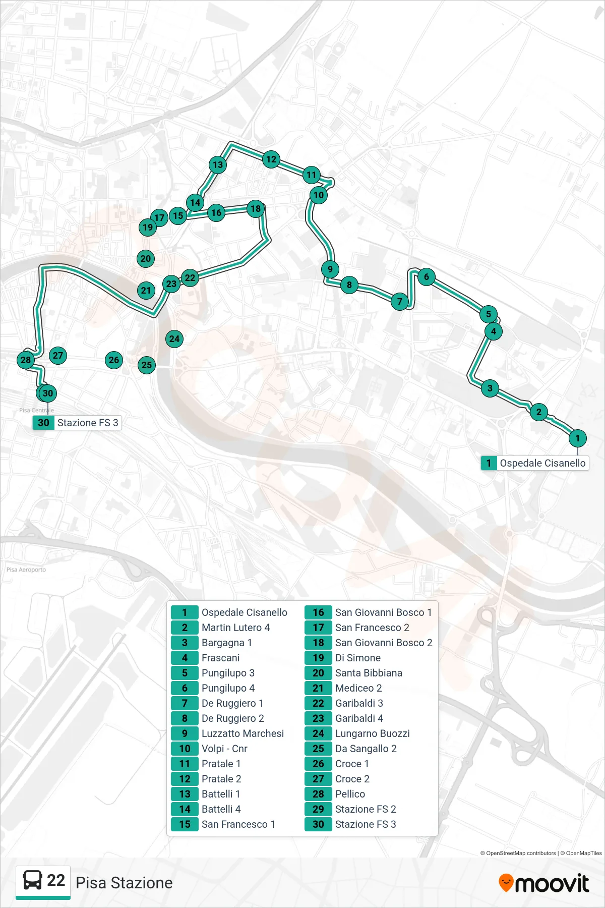 Linea 22  bus (Pisa Stazione) - Percorsi e fermate sulla mappa