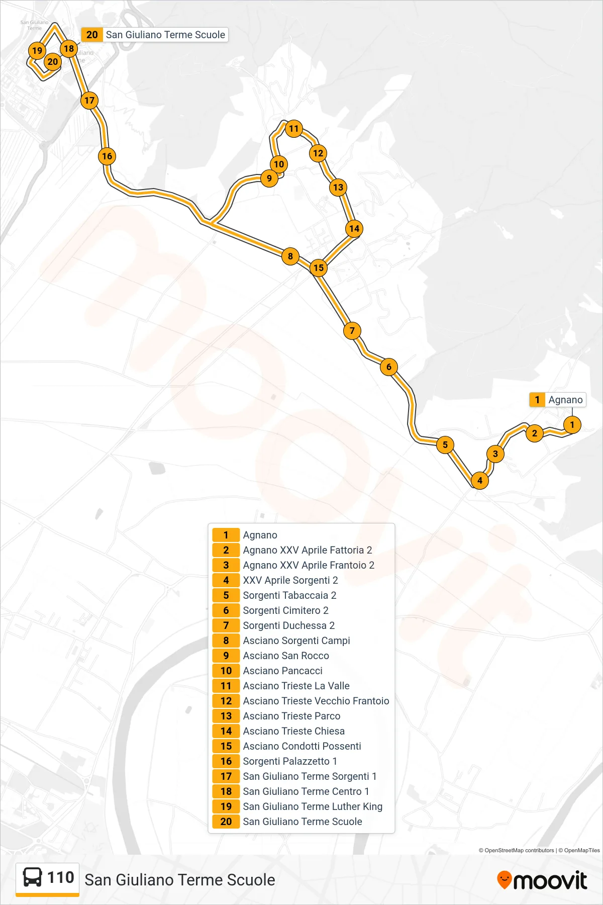 Linea 110 bus (San Giuliano Terme Scuole) - Percorsi e fermate sulla mappa