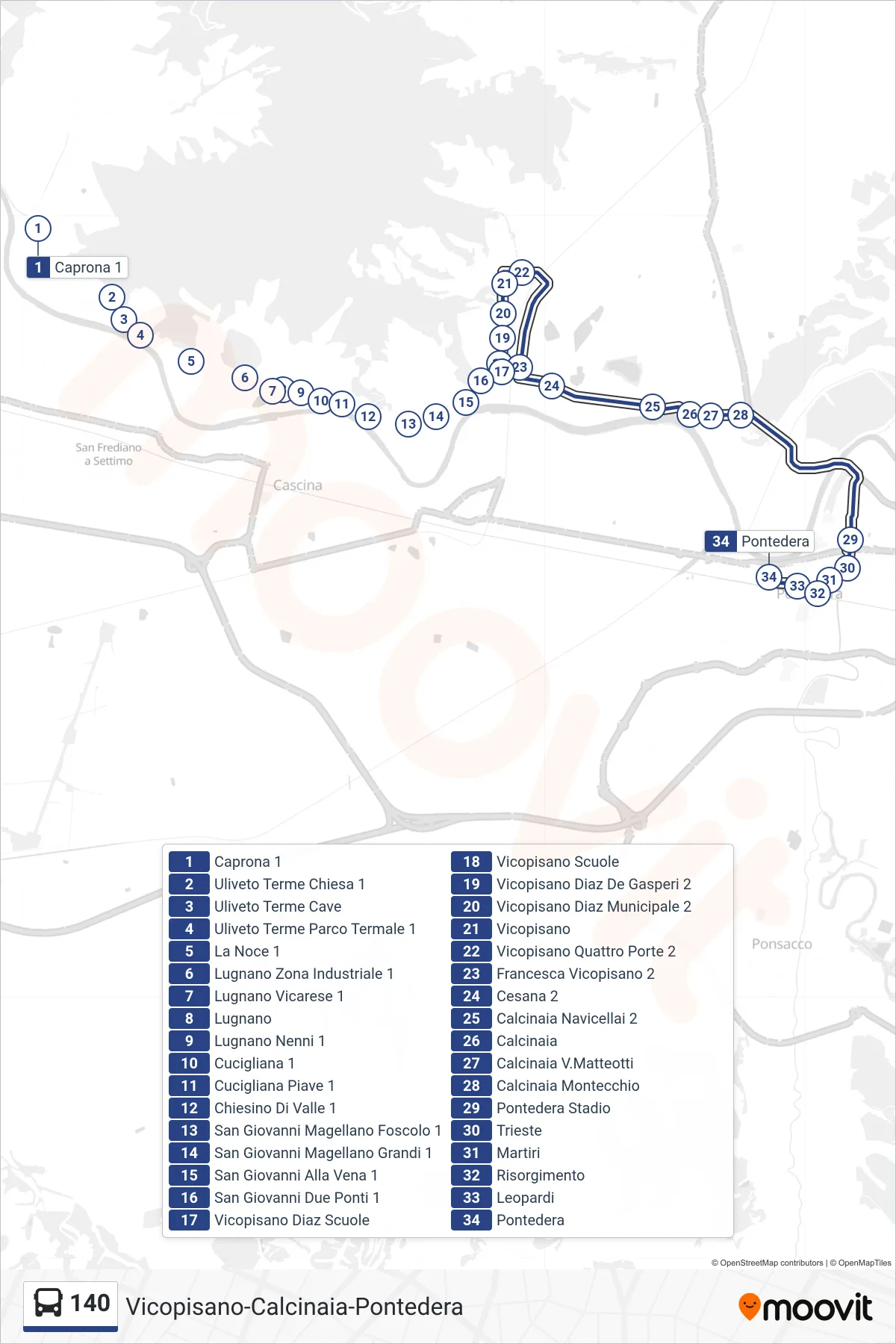 Linea 140  bus (Pontedera) - Percorsi e fermate sulla mappa