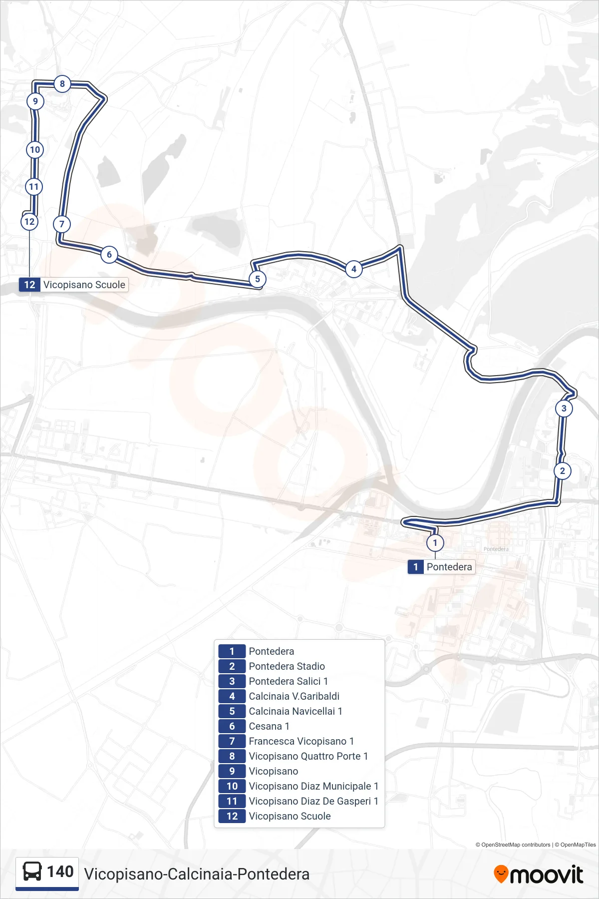 Linea 140  bus (Vicopisano Scuole) - Percorsi e fermate sulla mappa