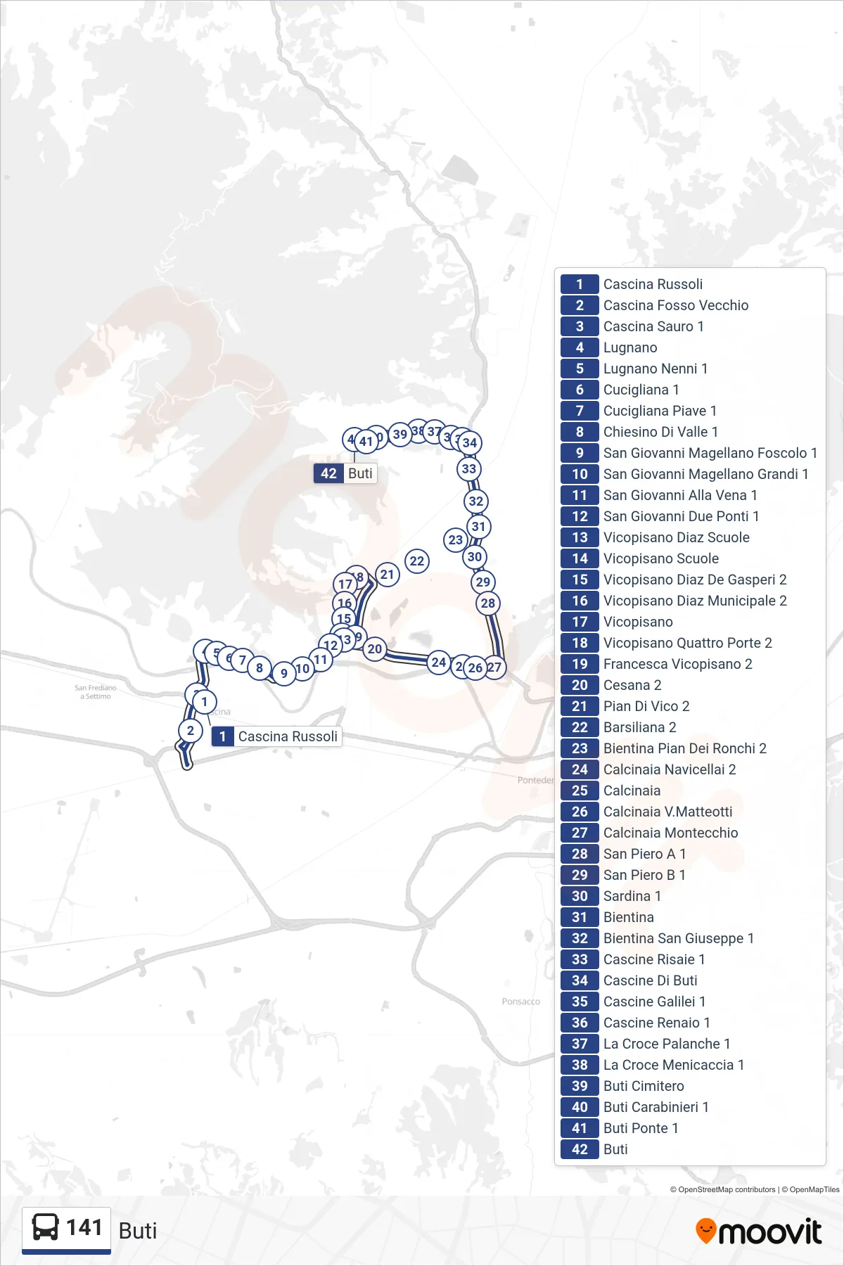 Linea 141 bus (Buti) - Percorsi e fermate sulla mappa