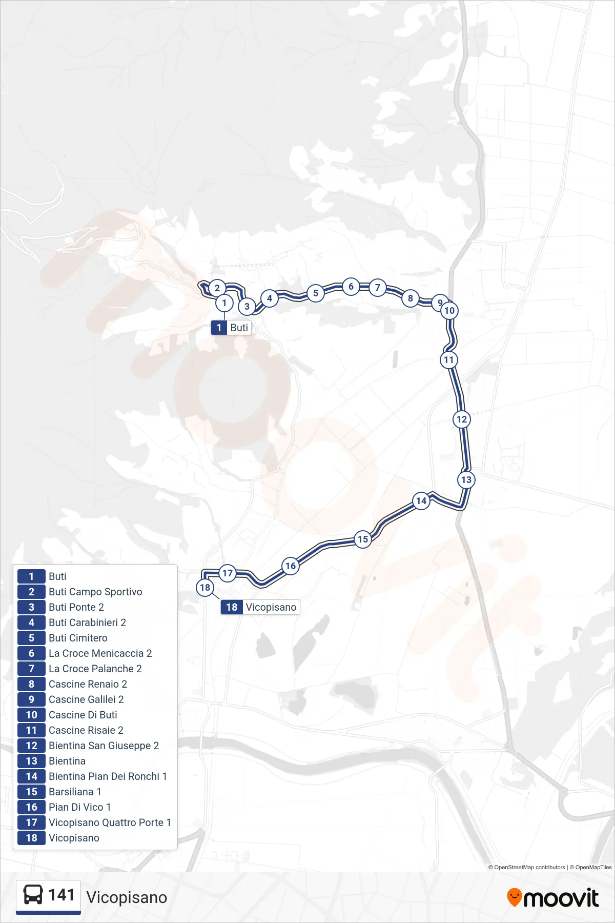 Linea 141  bus (Vicopisano) - Percorsi e fermate sulla mappa