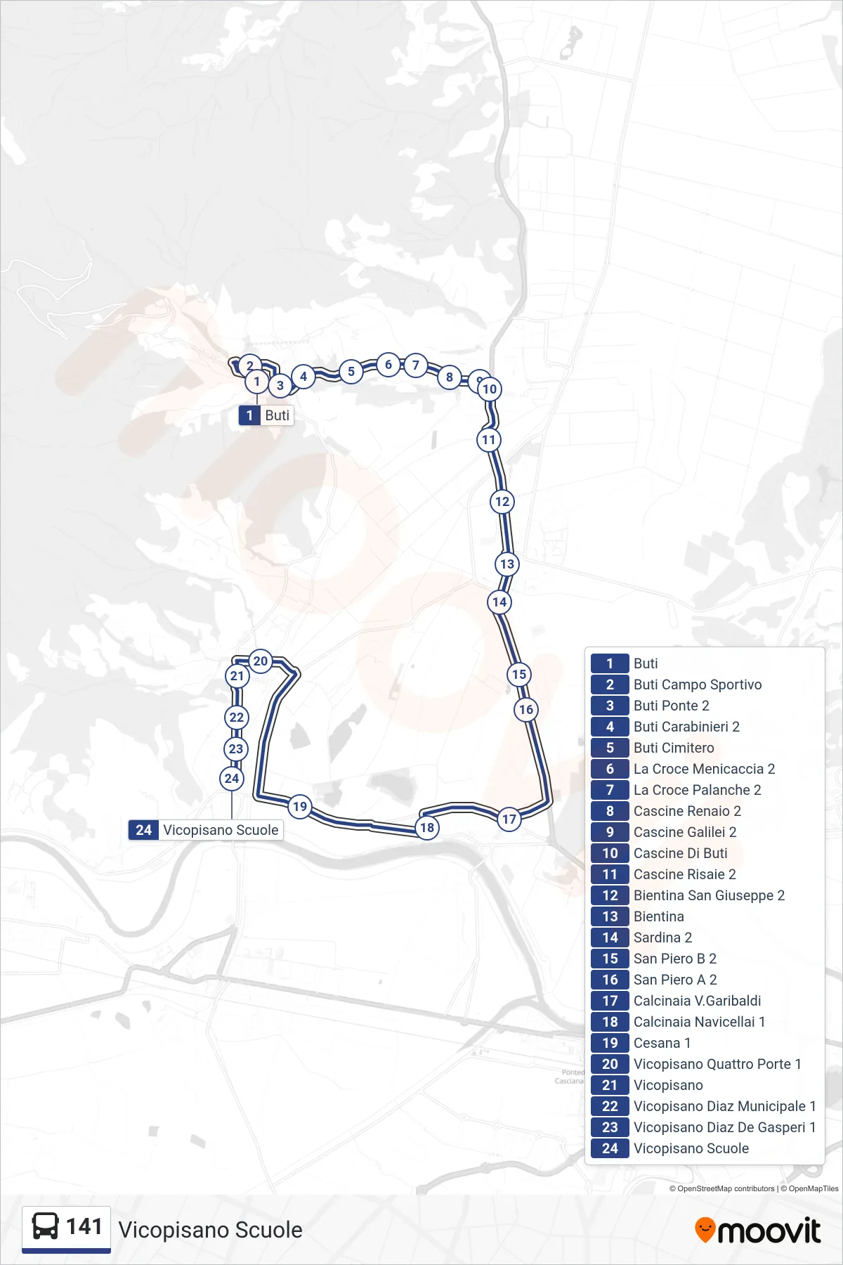 Linea 141 bus (Vicopisano Scuole) - Percorsi e fermate sulla mappa