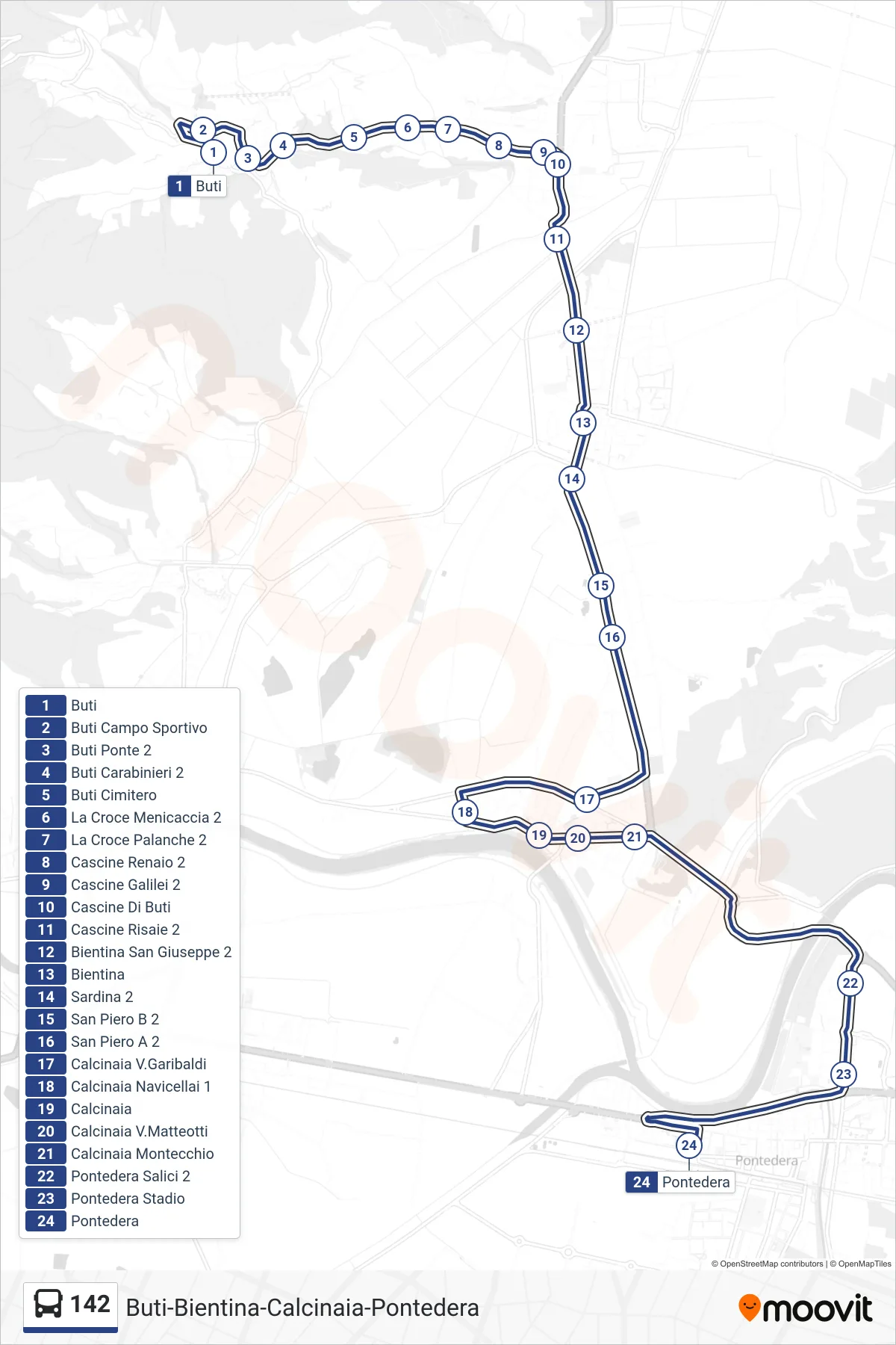 Linea 142 bus (Pontedera) - Percorsi e fermate sulla mappa