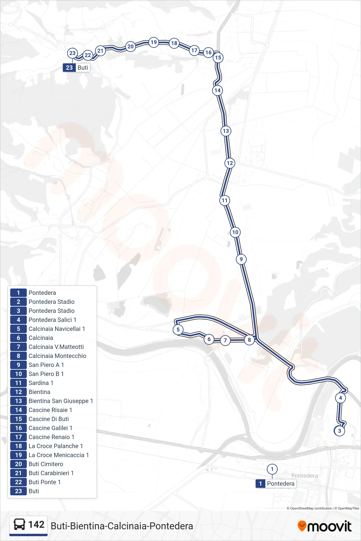 Linea 142 bus (Buti) - Percorsi e fermate sulla mappa