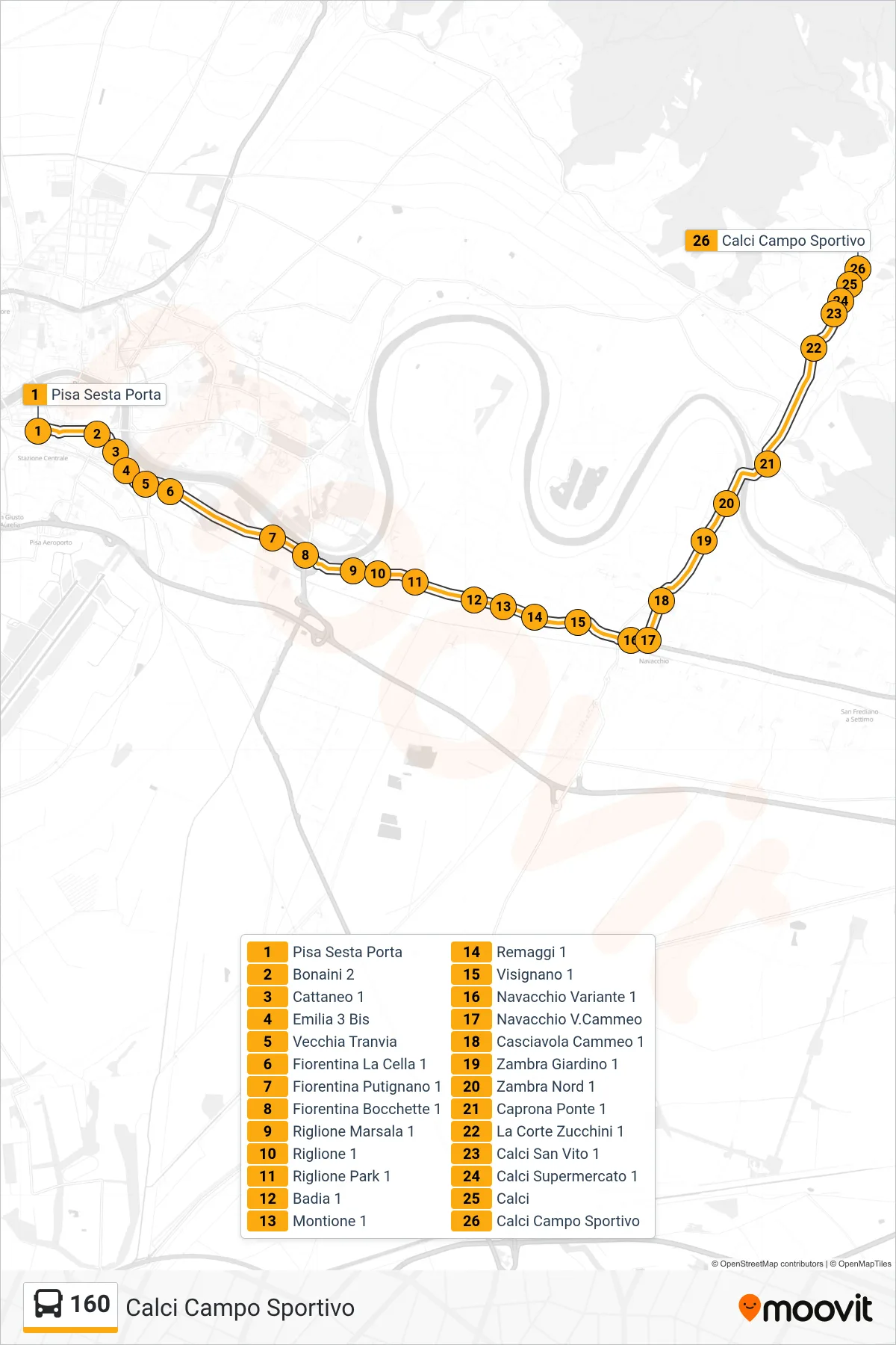 Linea 160  bus (Calci Campo Sportivo) - Percorsi e fermate sulla mappa