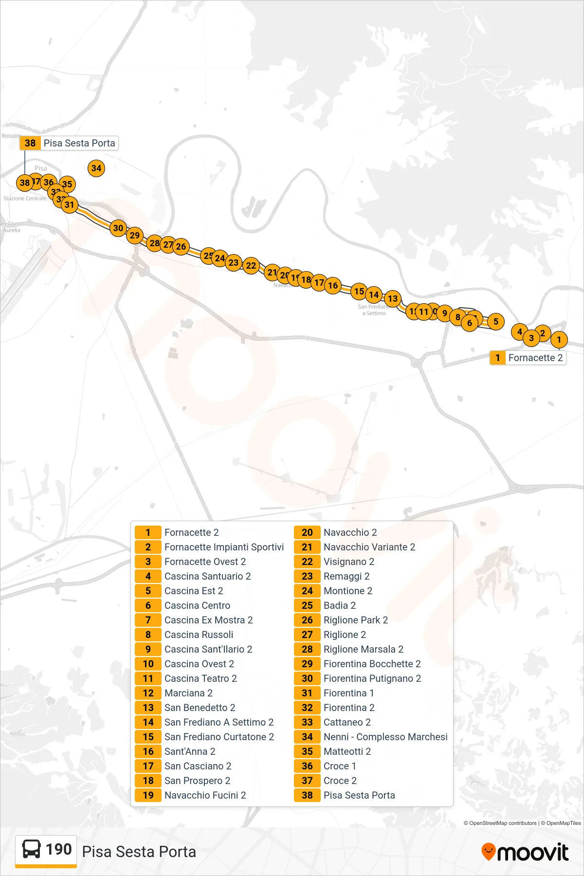Linea 190 bus (Pisa Sesta Porta) - Percorsi e fermate sulla mappa