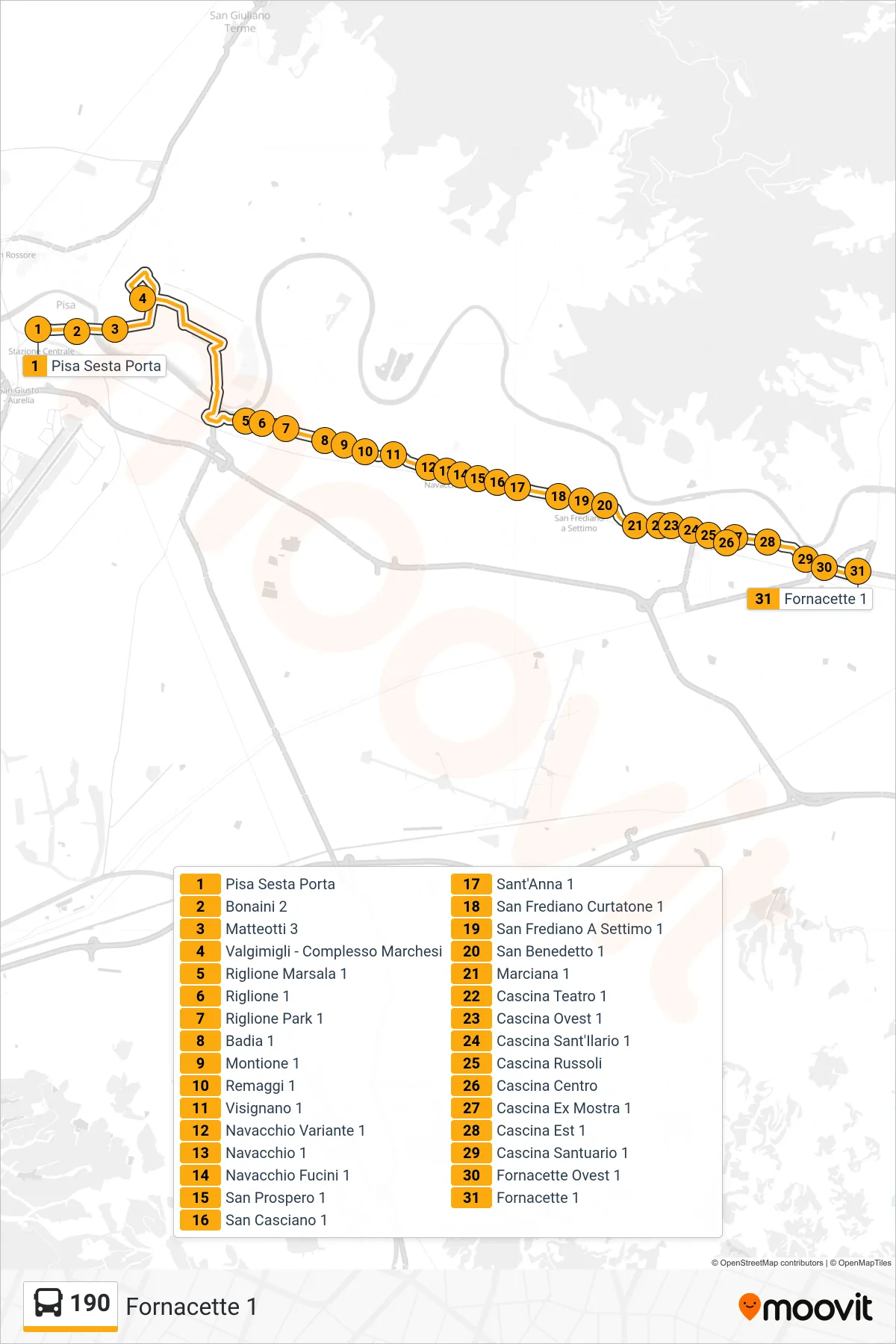 Linea 190 bus (Fornacette 1) - Percorsi e fermate sulla mappa