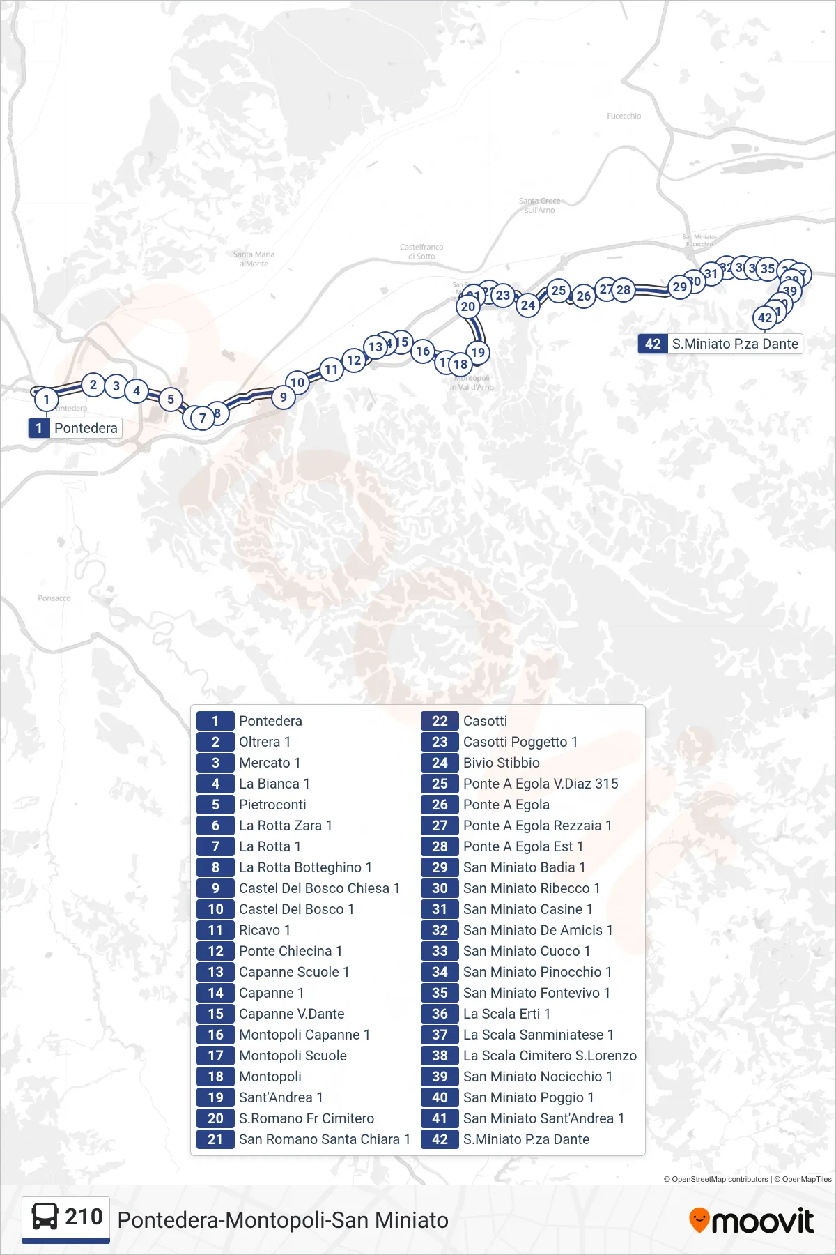 Linea 210  bus (San Miniato Dante) - Percorsi e fermate sulla mappa