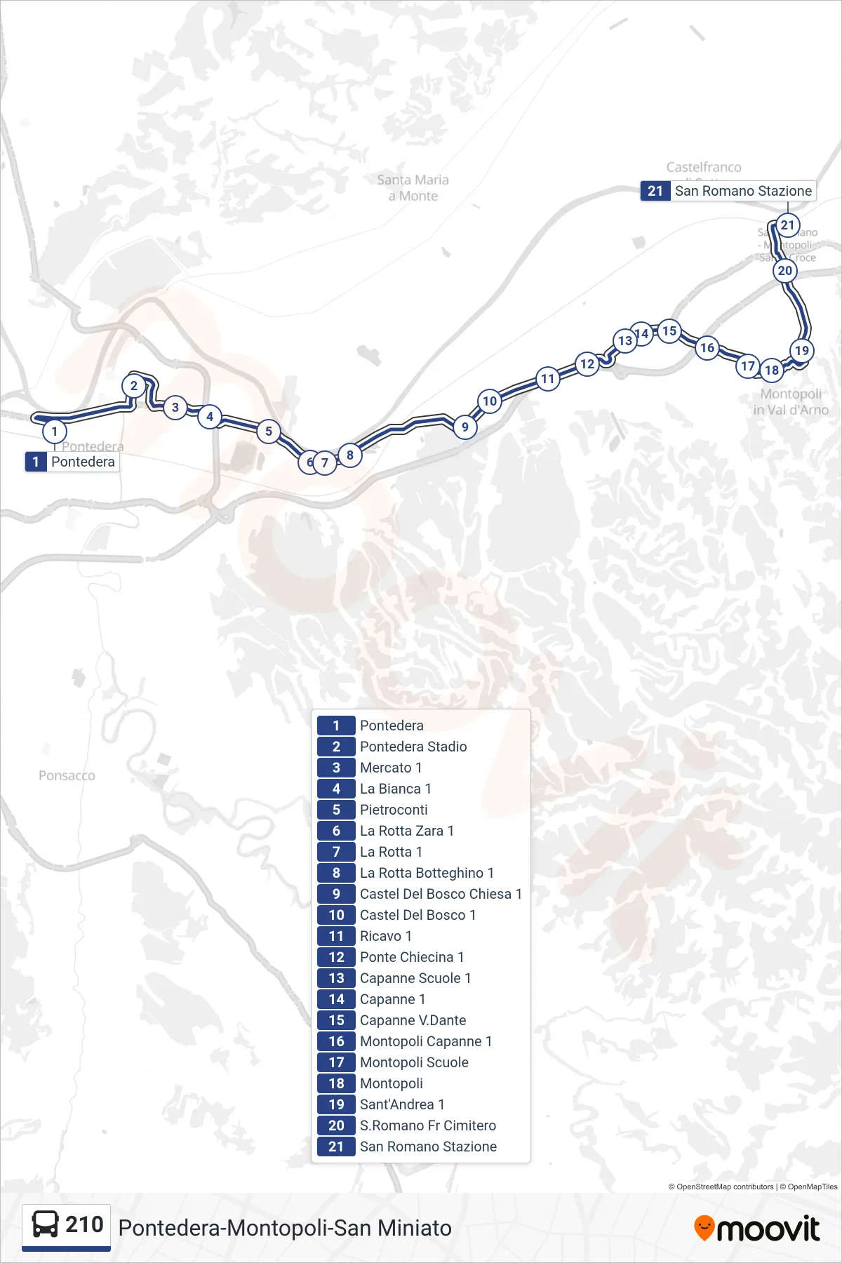 Linea 210 bus (San Romano Stazione) - Percorsi e fermate sulla mappa