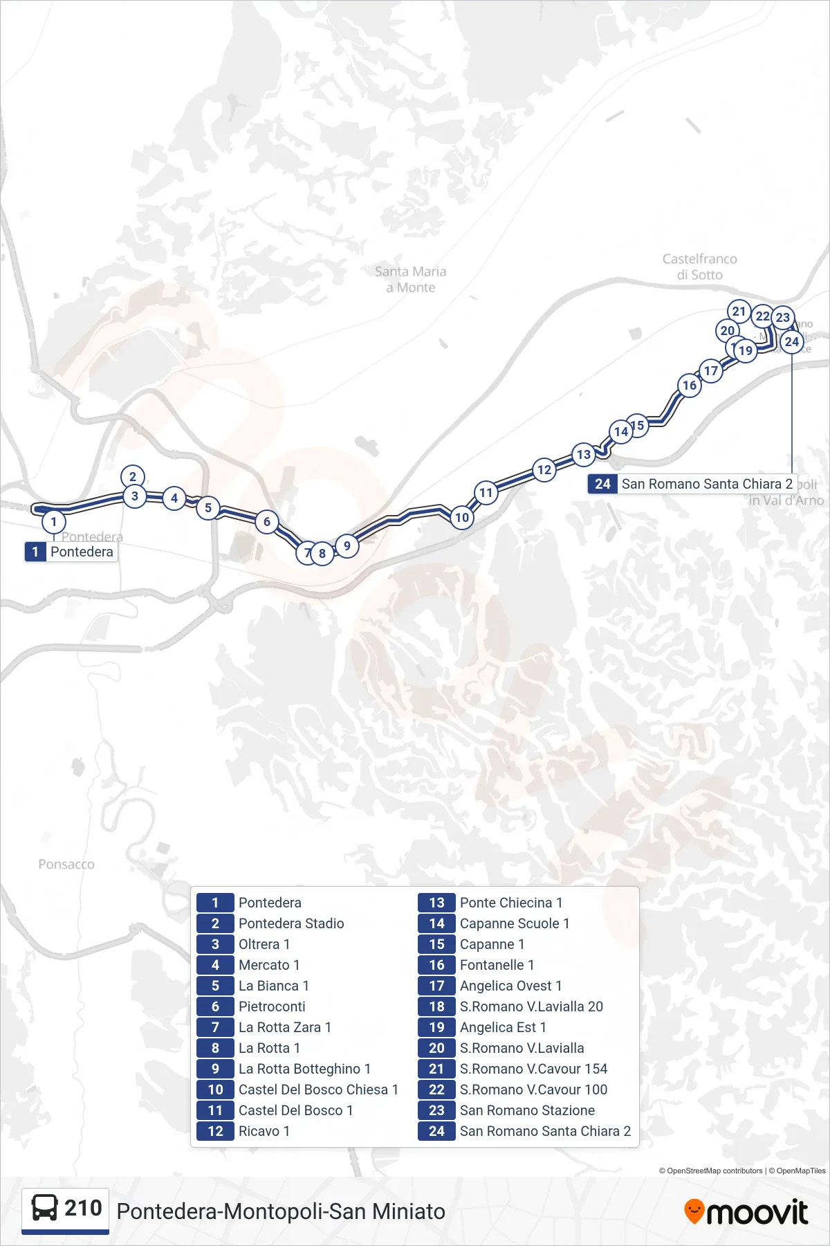 Linea 210 bus (San Romano Santa Chiara 2) - Percorsi e fermate sulla mappa