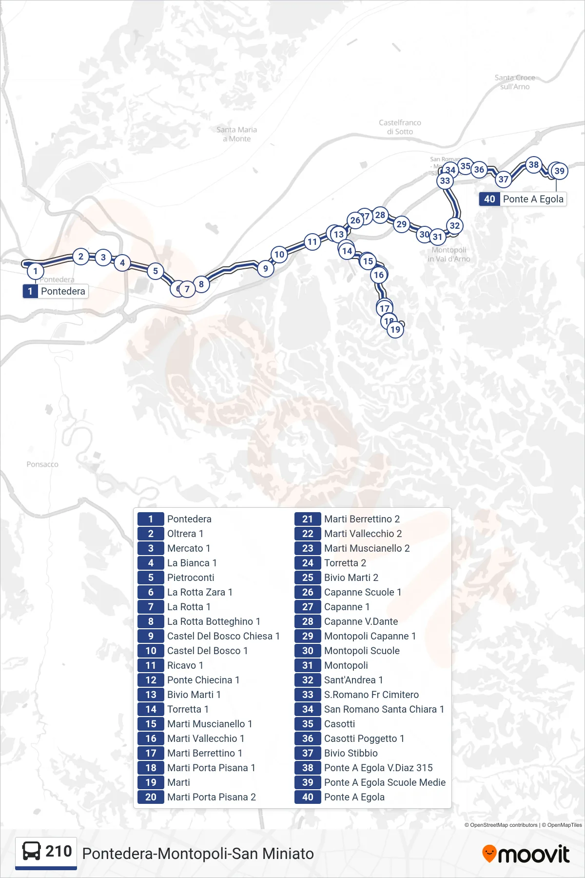 Linea 210  bus (Ponte A Egola 2) - Percorsi e fermate sulla mappa