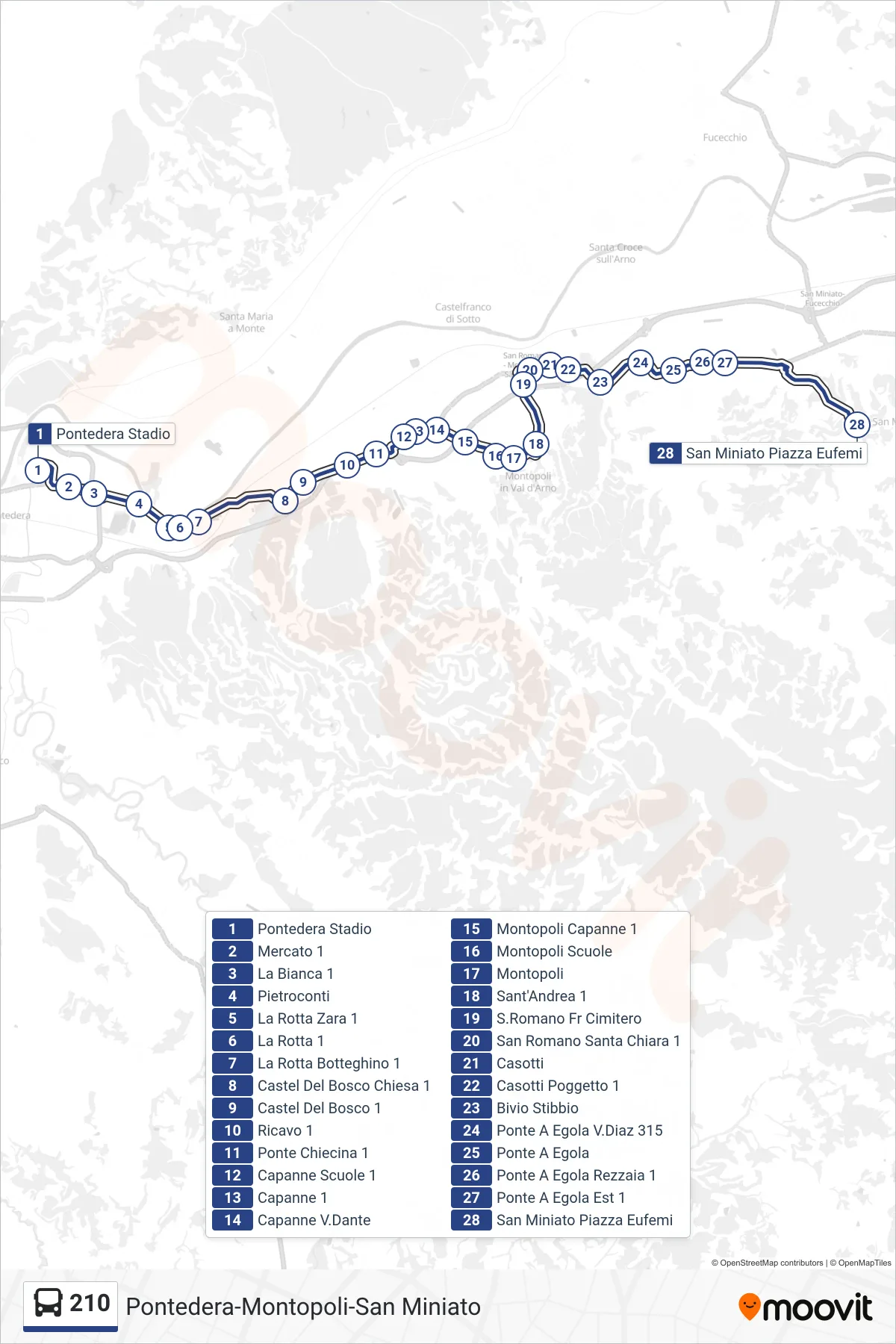 Linea 210  bus (San Miniato Eufemi) - Percorsi e fermate sulla mappa