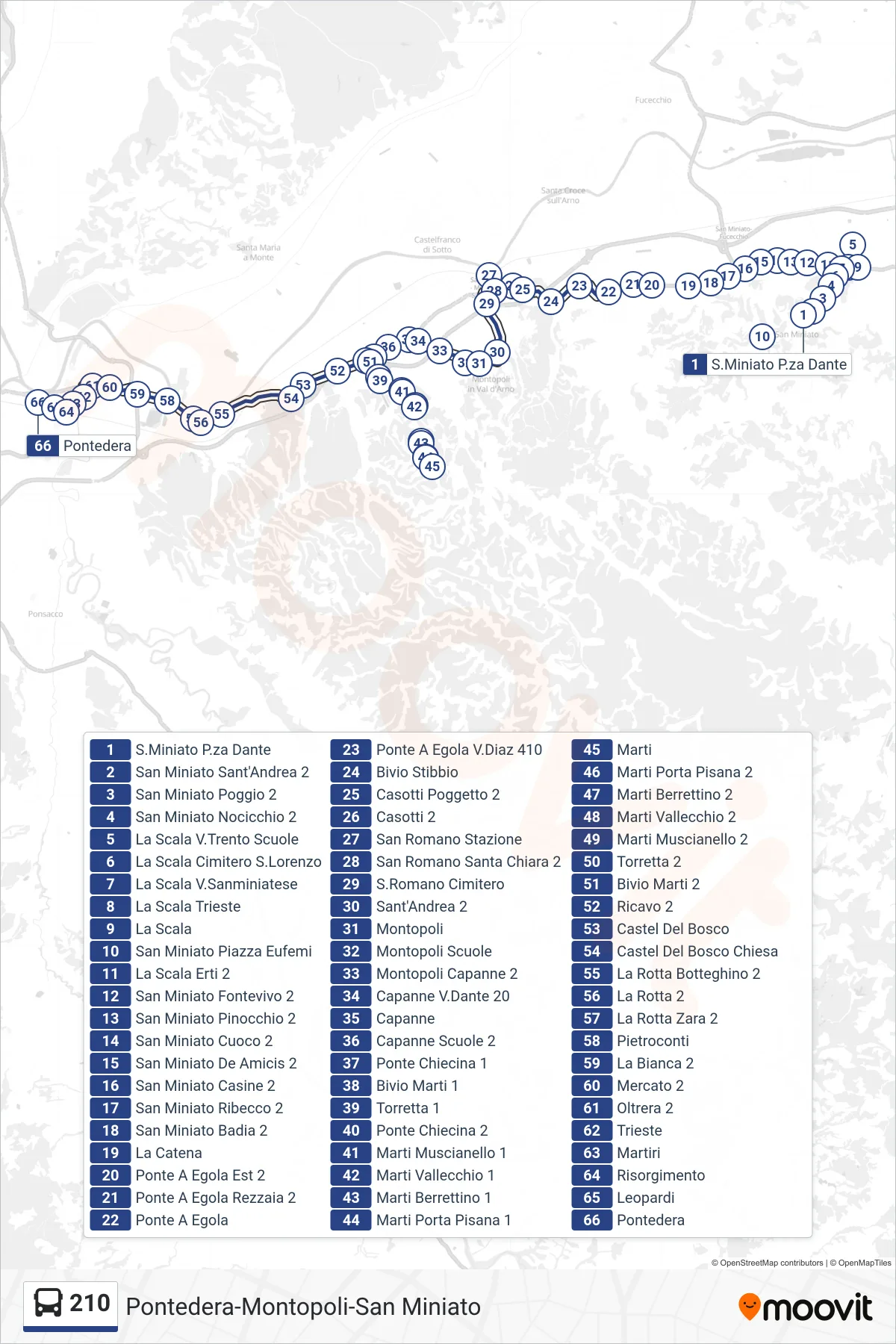 Linea 210  bus (Pontedera) - Percorsi e fermate sulla mappa
