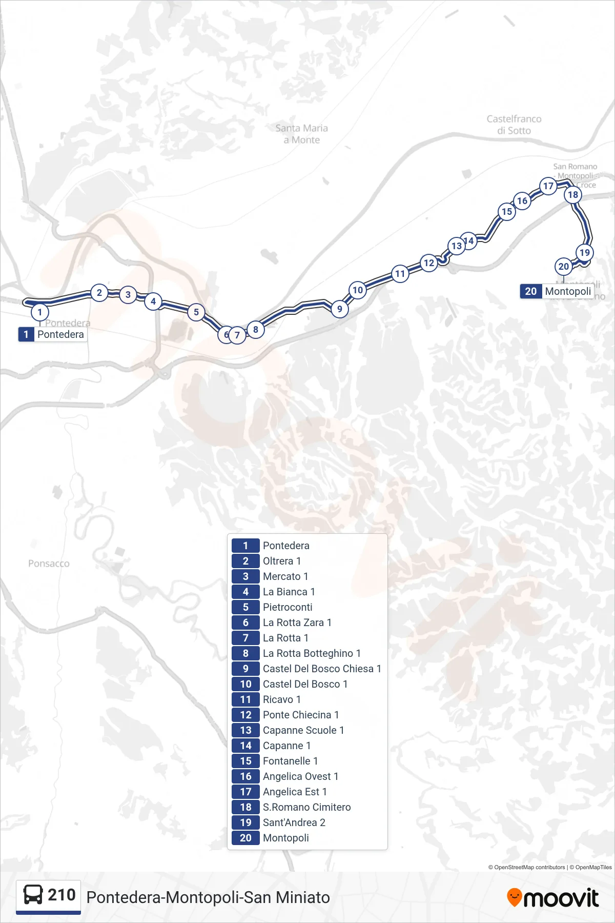 Linea 210 bus (Montopoli) - Percorsi e fermate sulla mappa