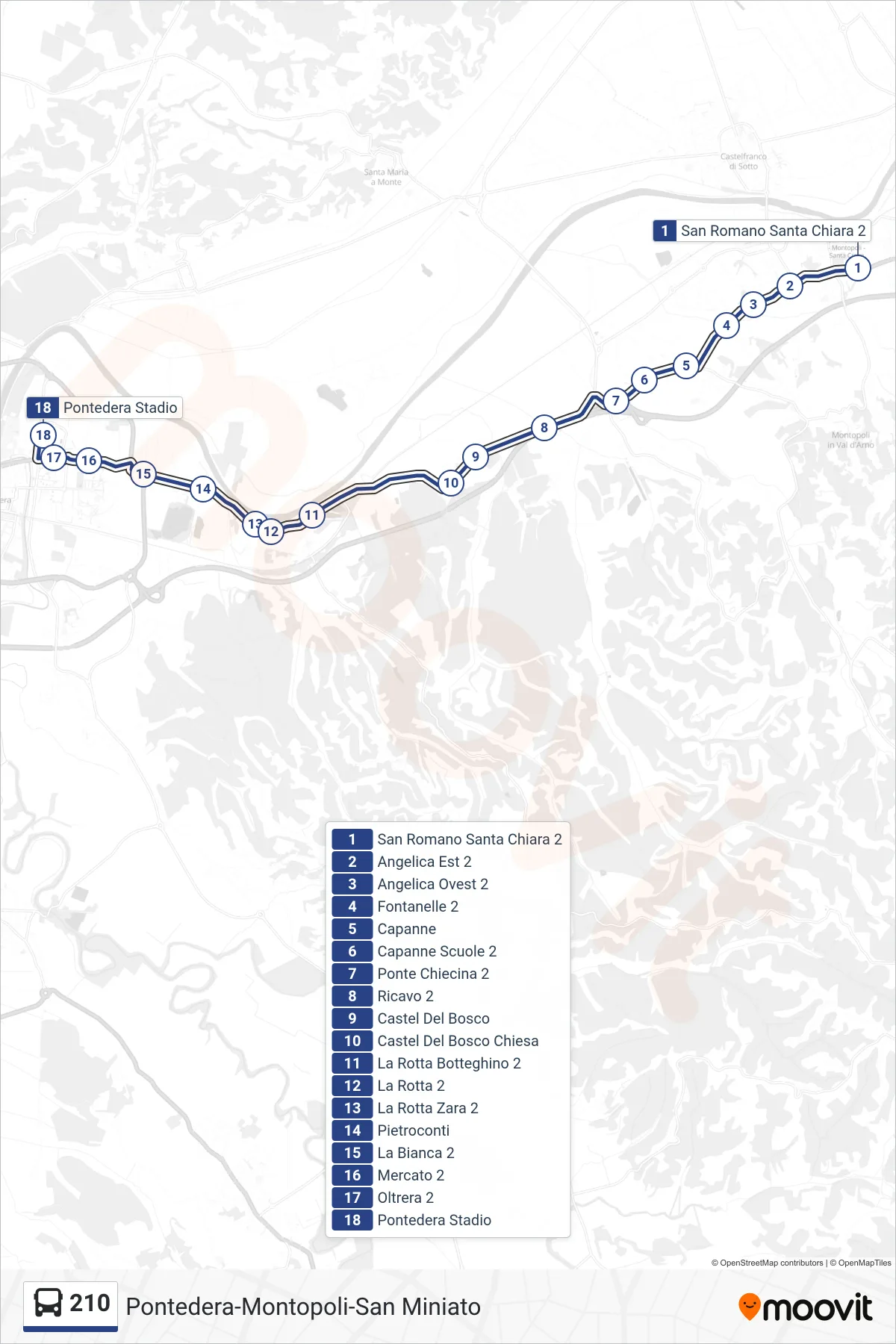 Linea 210 bus (Pontedera Stadio) - Percorsi e fermate sulla mappa