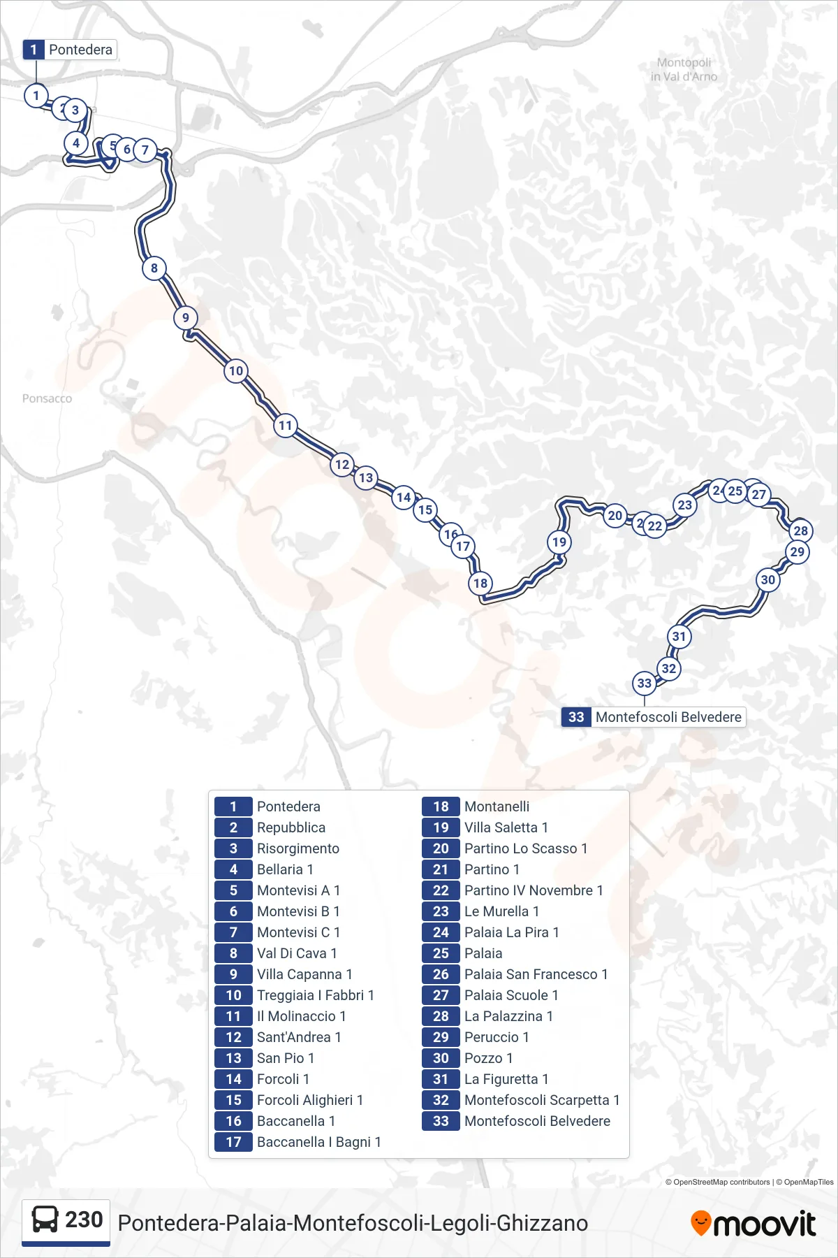Linea 230 bus (Montefoscoli Belvedere) - Percorsi e fermate sulla mappa