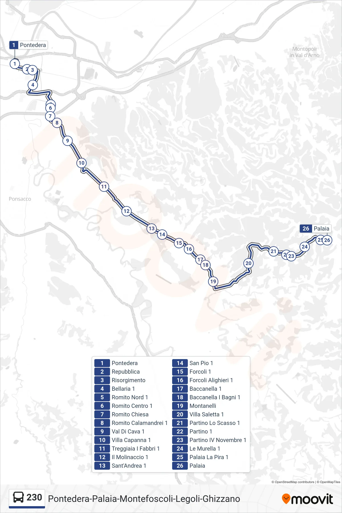 Linea 230  bus (Palaia) - Percorsi e fermate sulla mappa