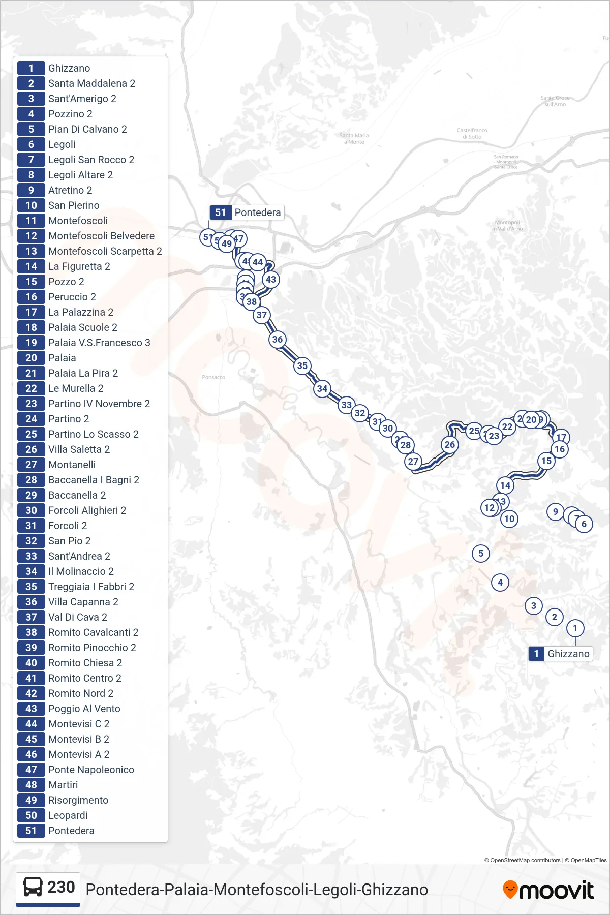 Linea 230  bus (Pontedera) - Percorsi e fermate sulla mappa