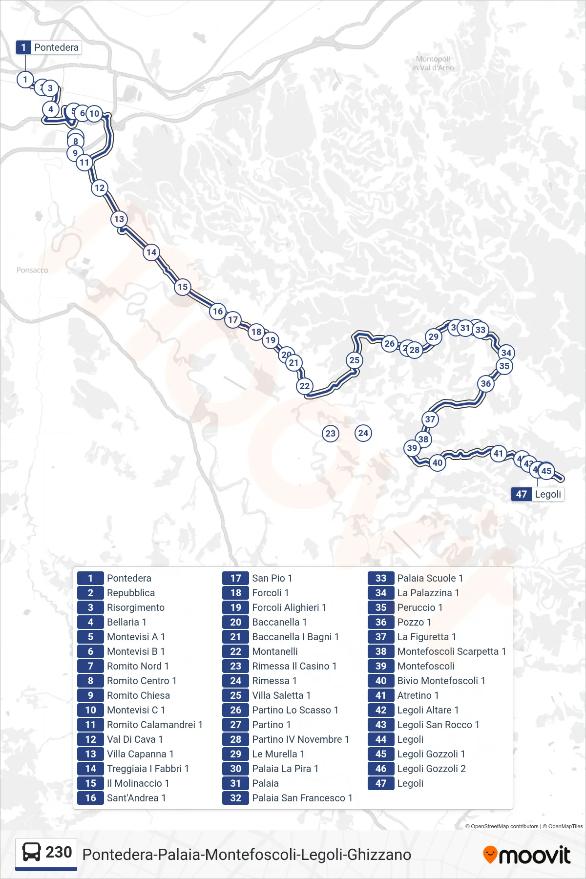 Linea 230 bus (Legoli) - Percorsi e fermate sulla mappa