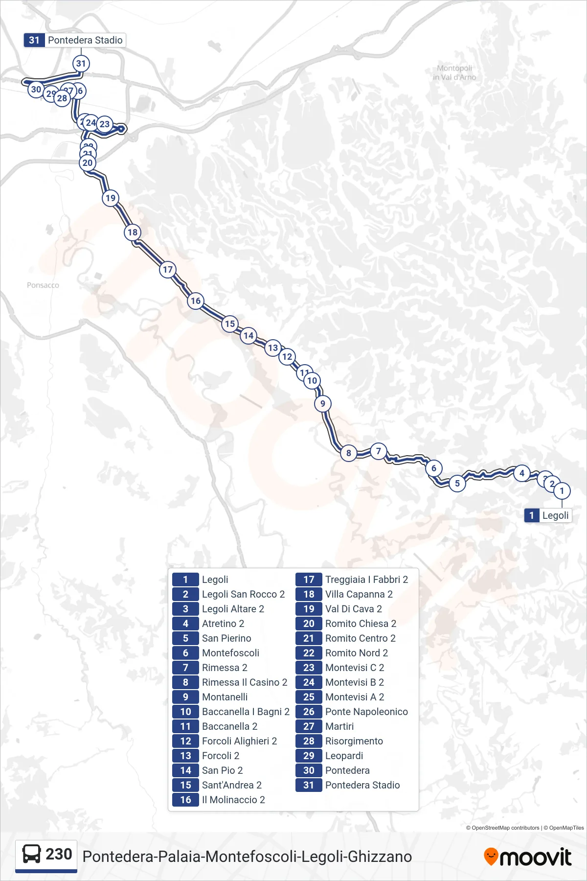 Linea 230 bus (Pontedera Stadio) - Percorsi e fermate sulla mappa