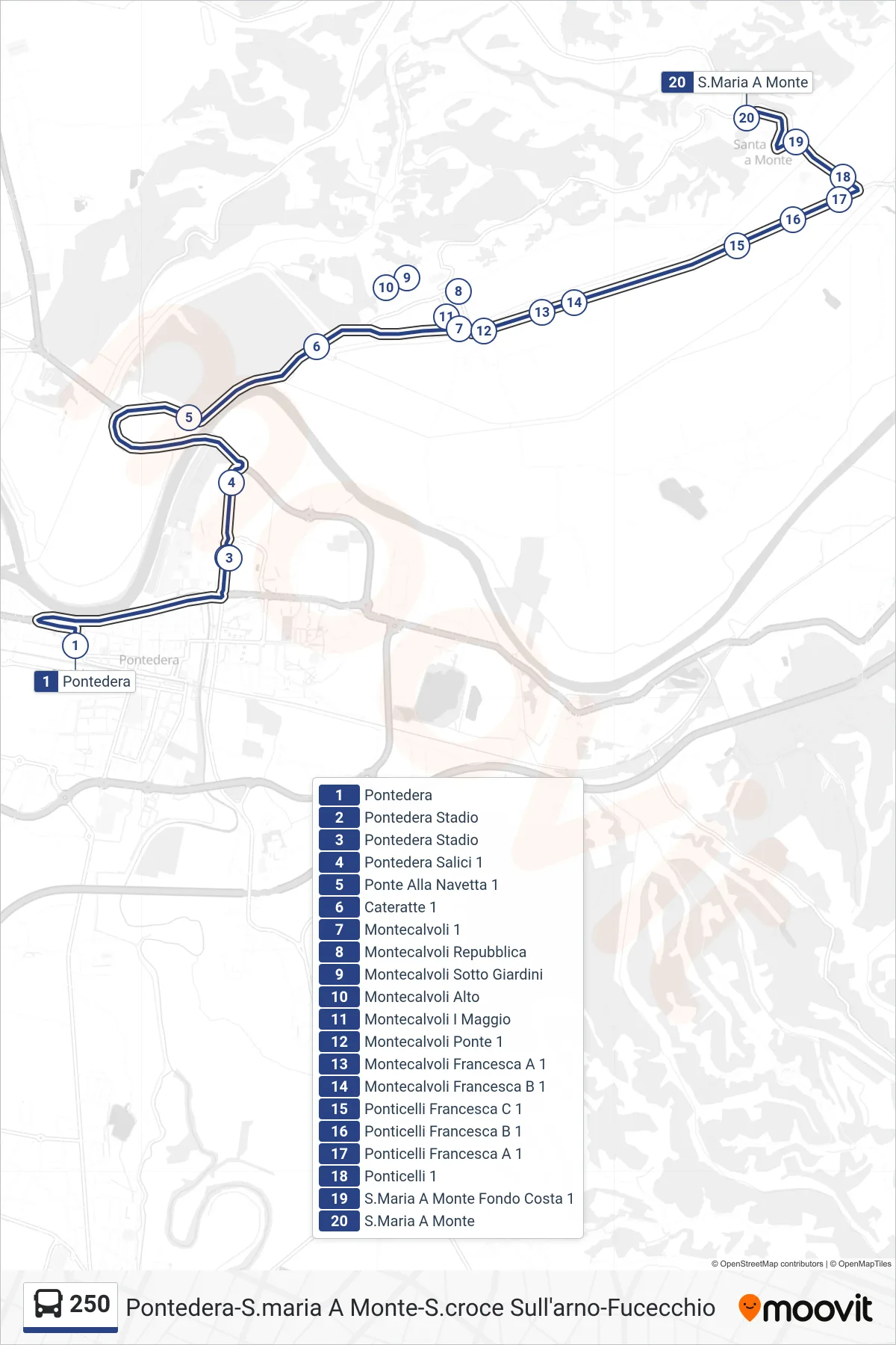 Linea 250 bus (Santa Maria A Monte) - Percorsi e fermate sulla mappa