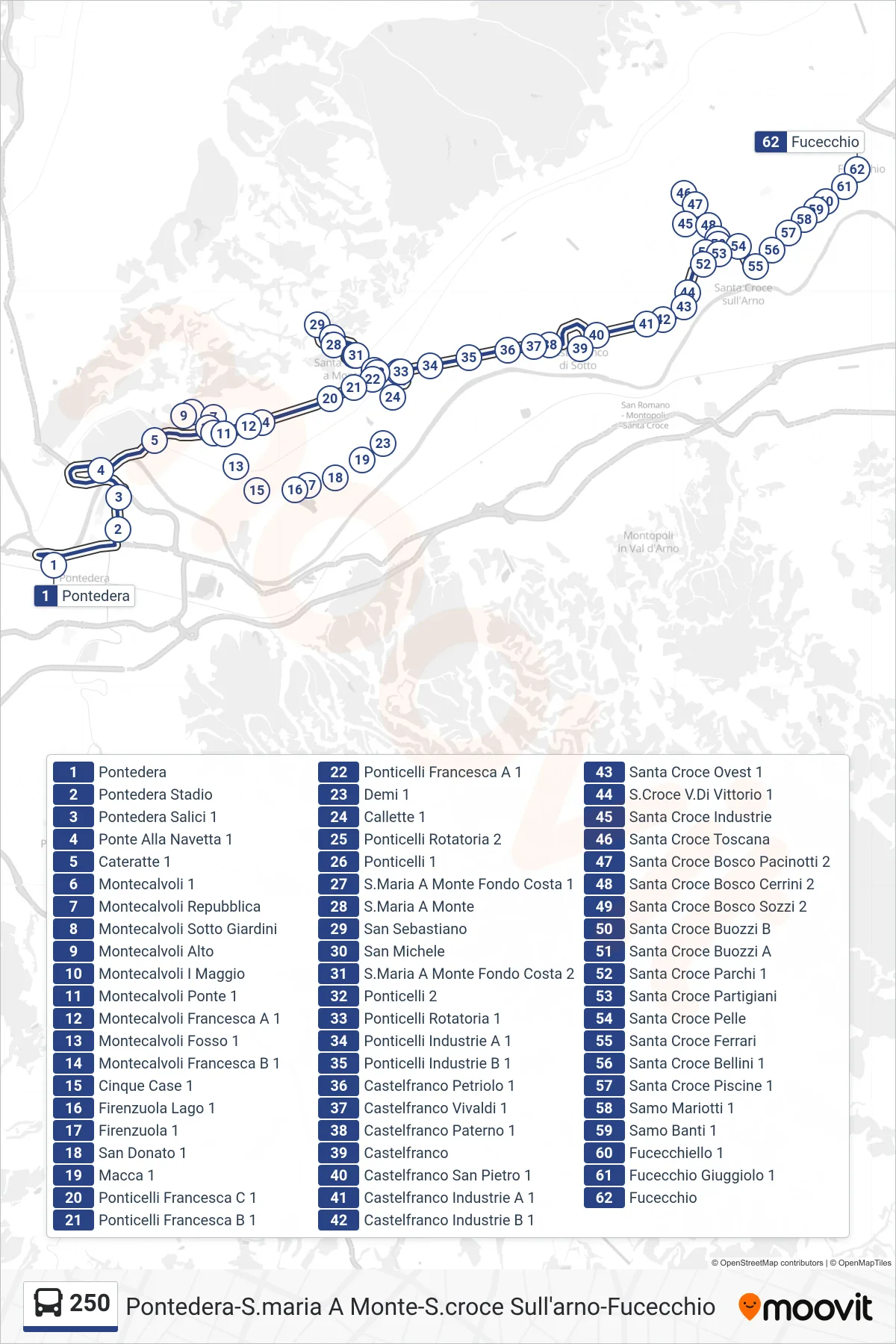 Linea 250 bus (Fucecchio) - Percorsi e fermate sulla mappa
