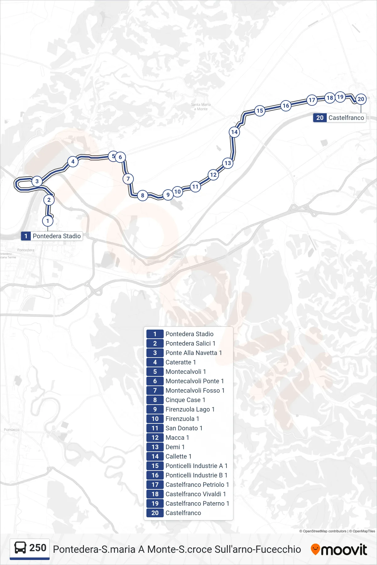 Linea 250  bus (Castelfranco) - Percorsi e fermate sulla mappa