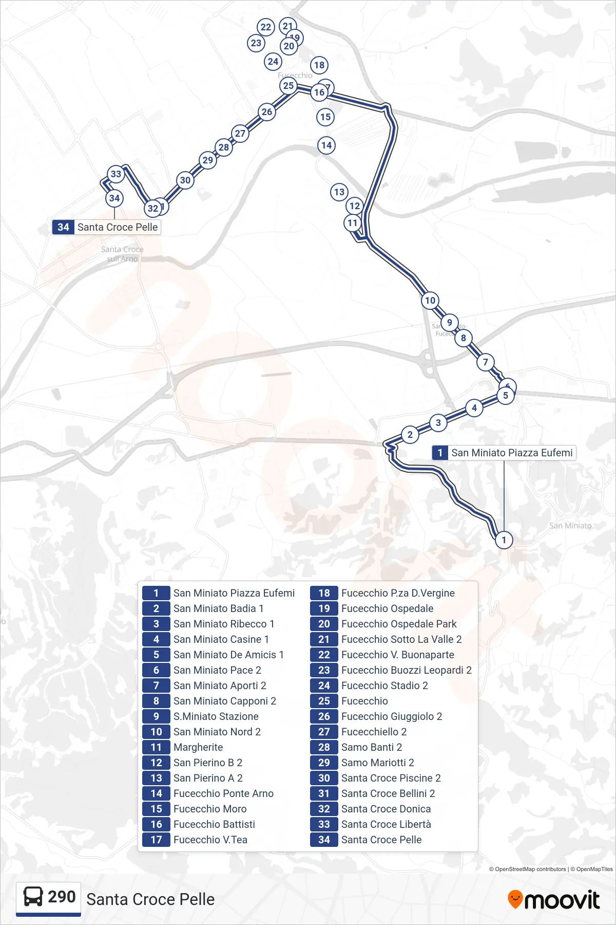 Linea 290 bus (Santa Croce Pelle) - Percorsi e fermate sulla mappa