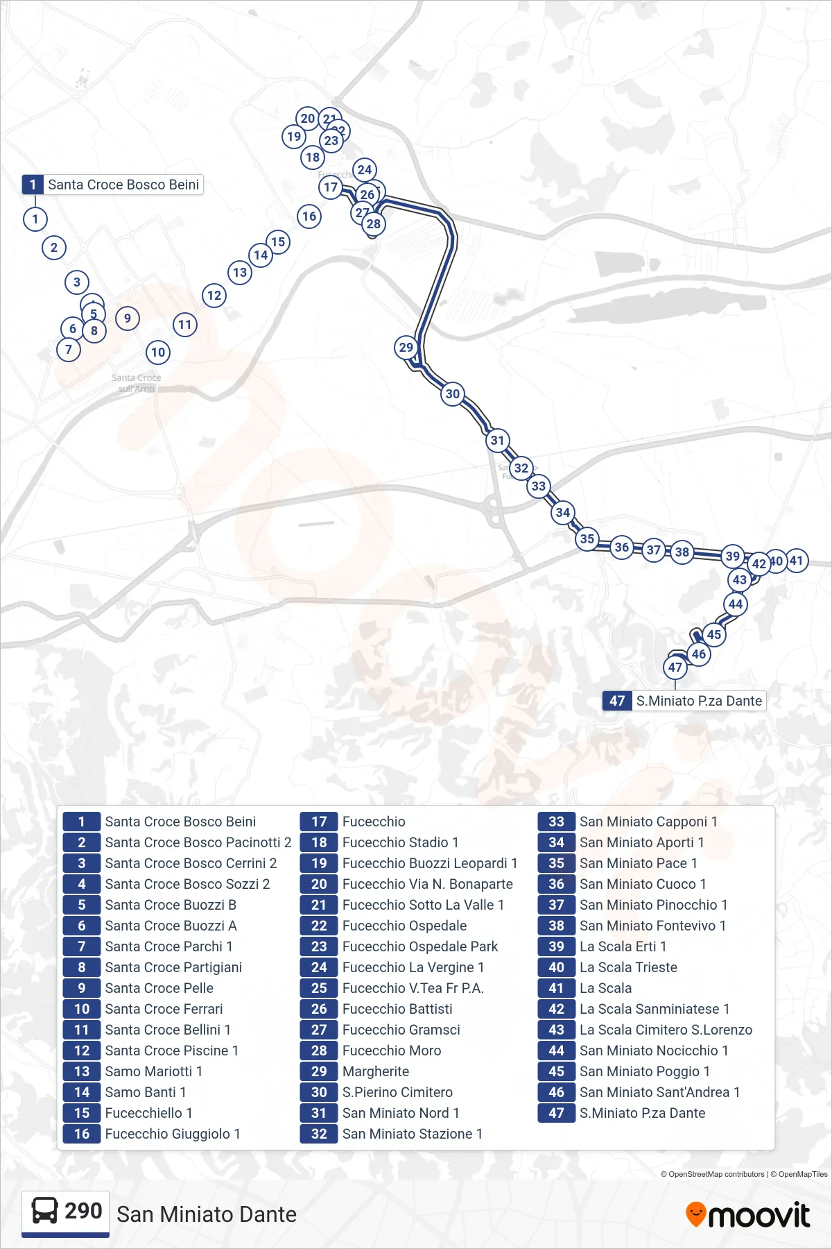 Linea 290 bus (San Miniato Dante) - Percorsi e fermate sulla mappa