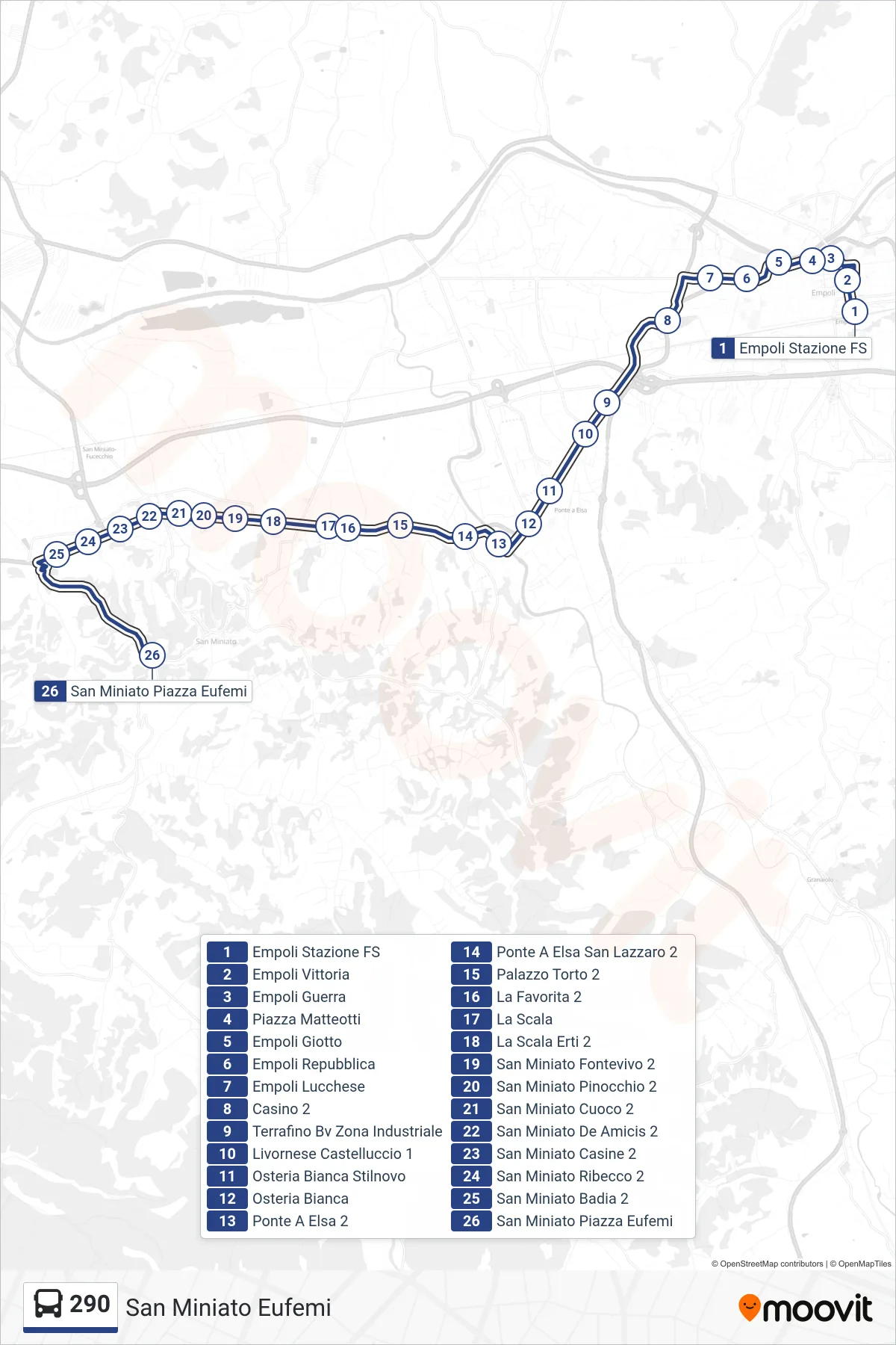 Linea 290  bus (San Miniato Eufemi) - Percorsi e fermate sulla mappa
