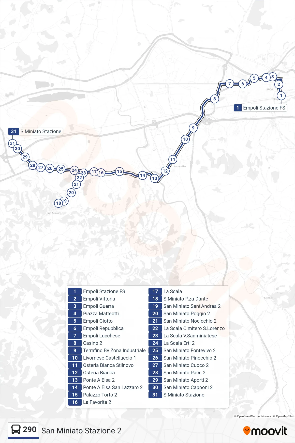 Linea 290 bus (San Miniato Stazione 2) - Percorsi e fermate sulla mappa